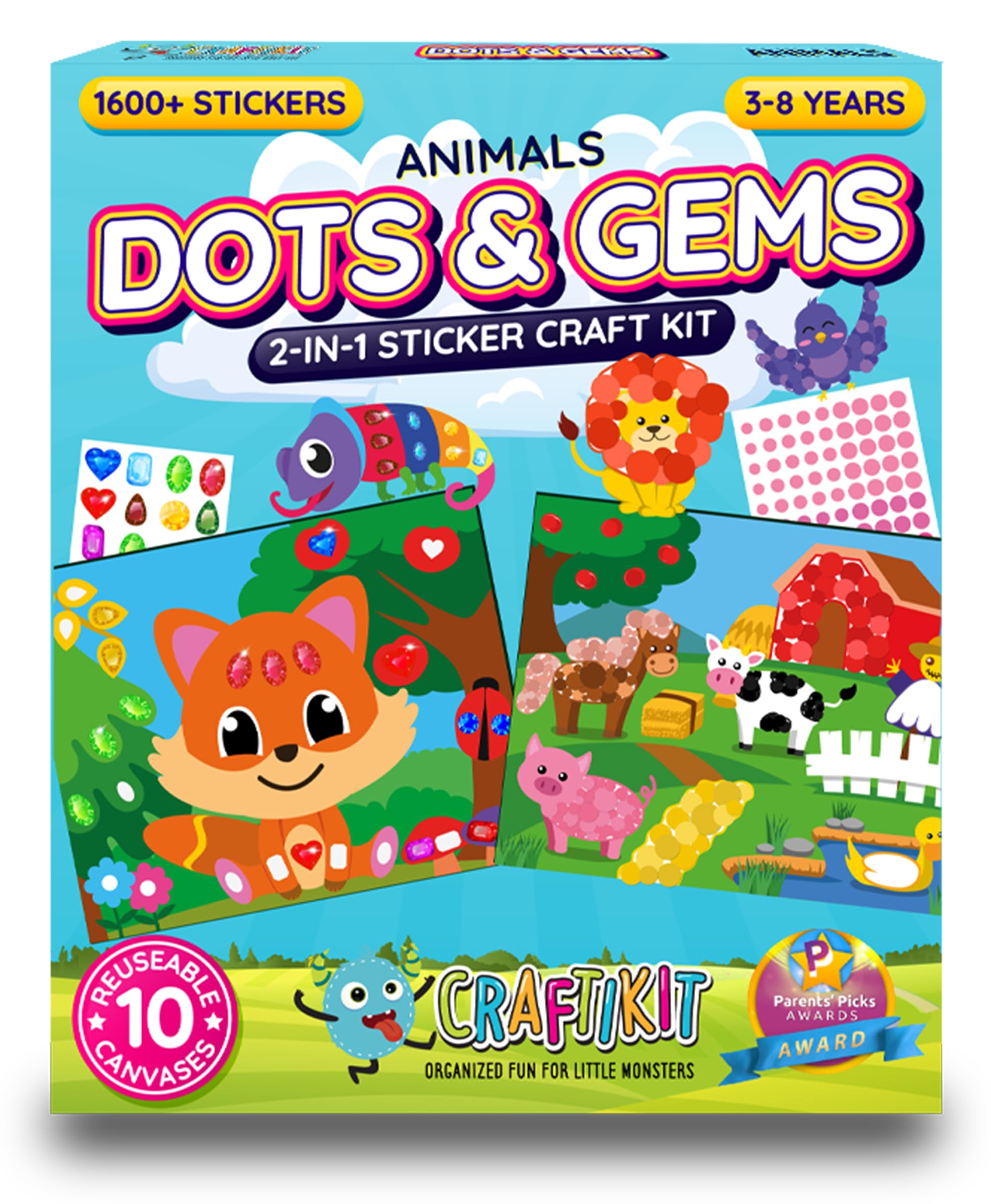 Craftikit10 Dot Art & Gem Art Animal Kit Ages 3-8 - Dot & Gem Stickers Crafts for Kids - Arts and Crafts for Kids Ages 4-8