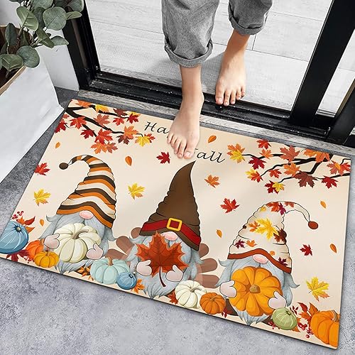 Bath Rugs Entrance Non Slip Front Door Mat Gnome Happy Fall Maple Leaf Thanksgiving Pumpkin Kitchen Carpets Farm Harvest Floor Mats for Bathroom