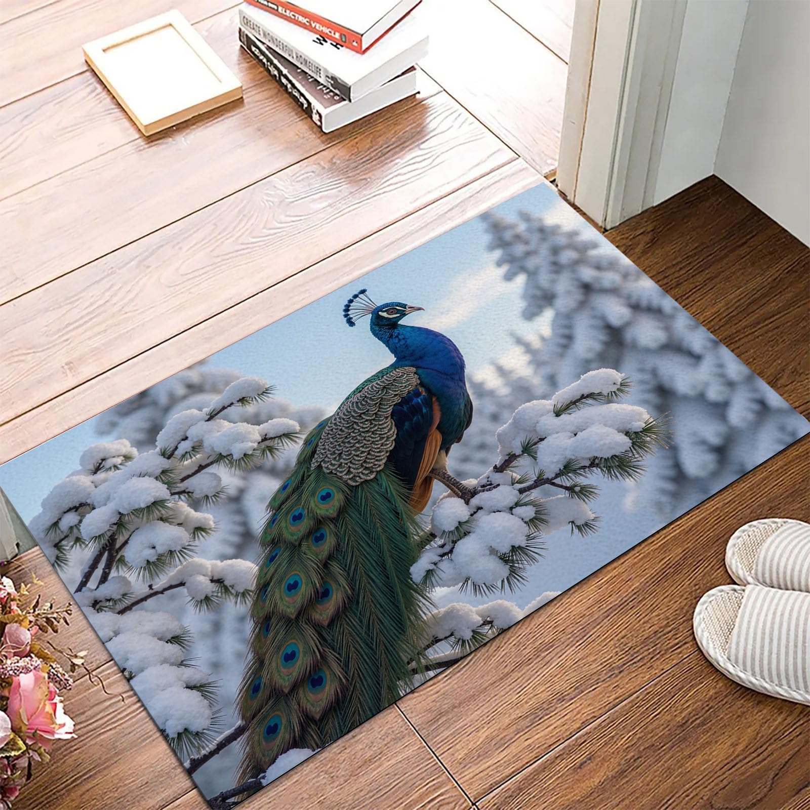 Tapis entree paon et branches de pin pour porte couloir et balcon esthétique nature
