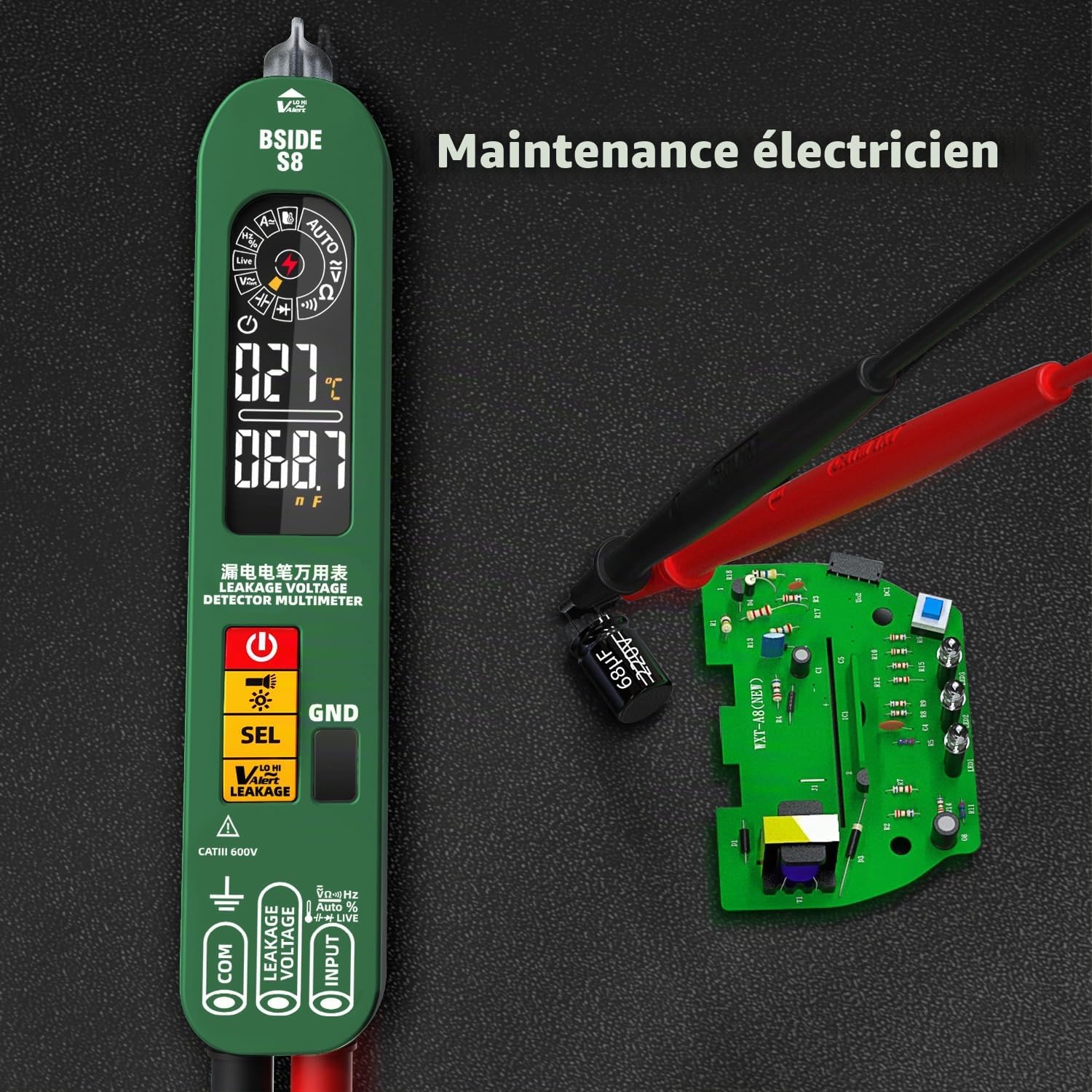 BSIDE S8 Multimètre Numérique Intelligent Stylo Détecteur de Tension Testeur de Fuite Électrique 3 en 1 Grand Écran Couleur Testeur Automatique Rechargeable de Tension AC DC Ohm et Continuité