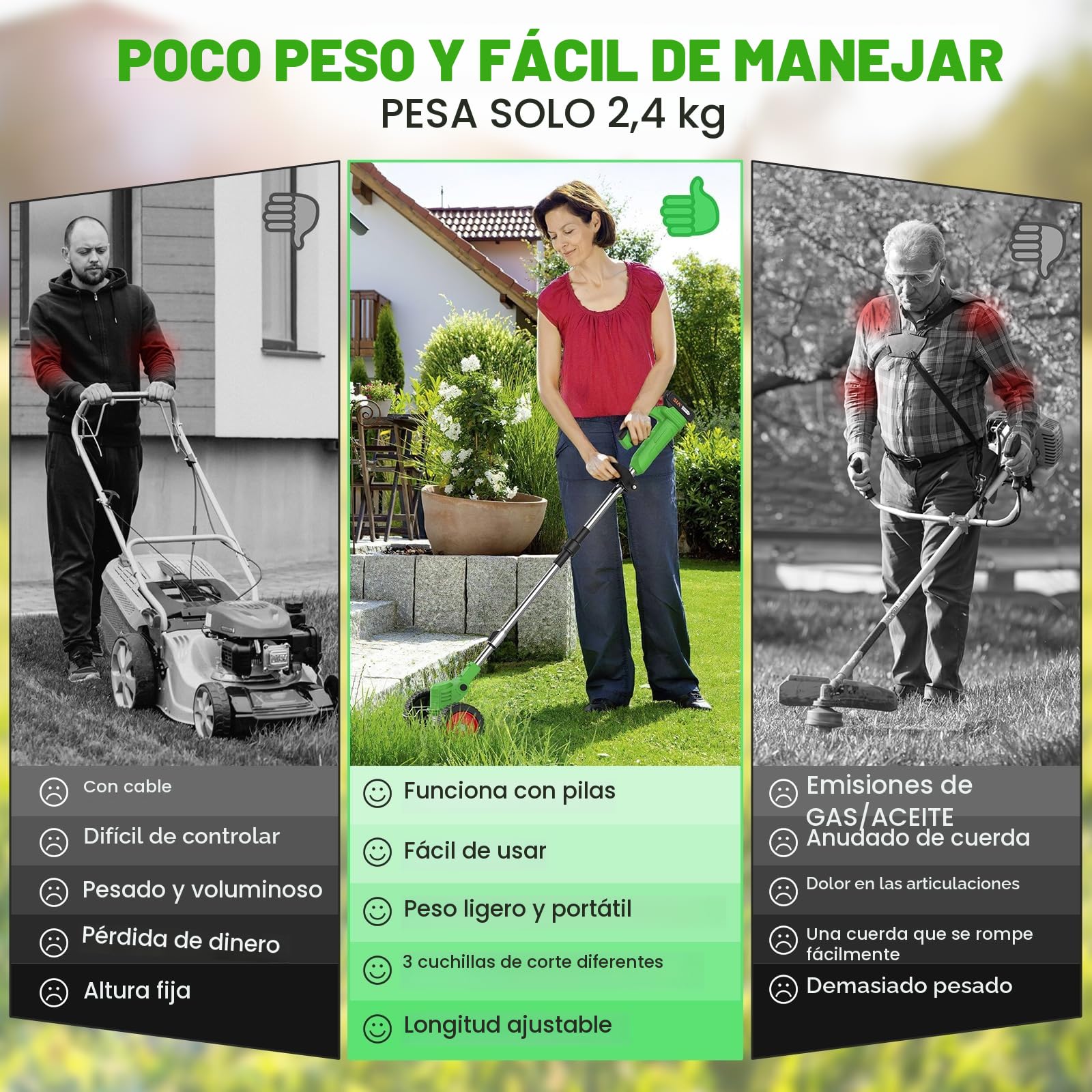 Desbrozadora Batería Plegable con Ruedas, Cortabordes Eléctrico 800W, 2 Baterías 21V (Compatible Makita 18V), 4 en 1, 13 Accesorios, Cabezal 90° y Mango Ajustable, para Jardín Césped (Verde)