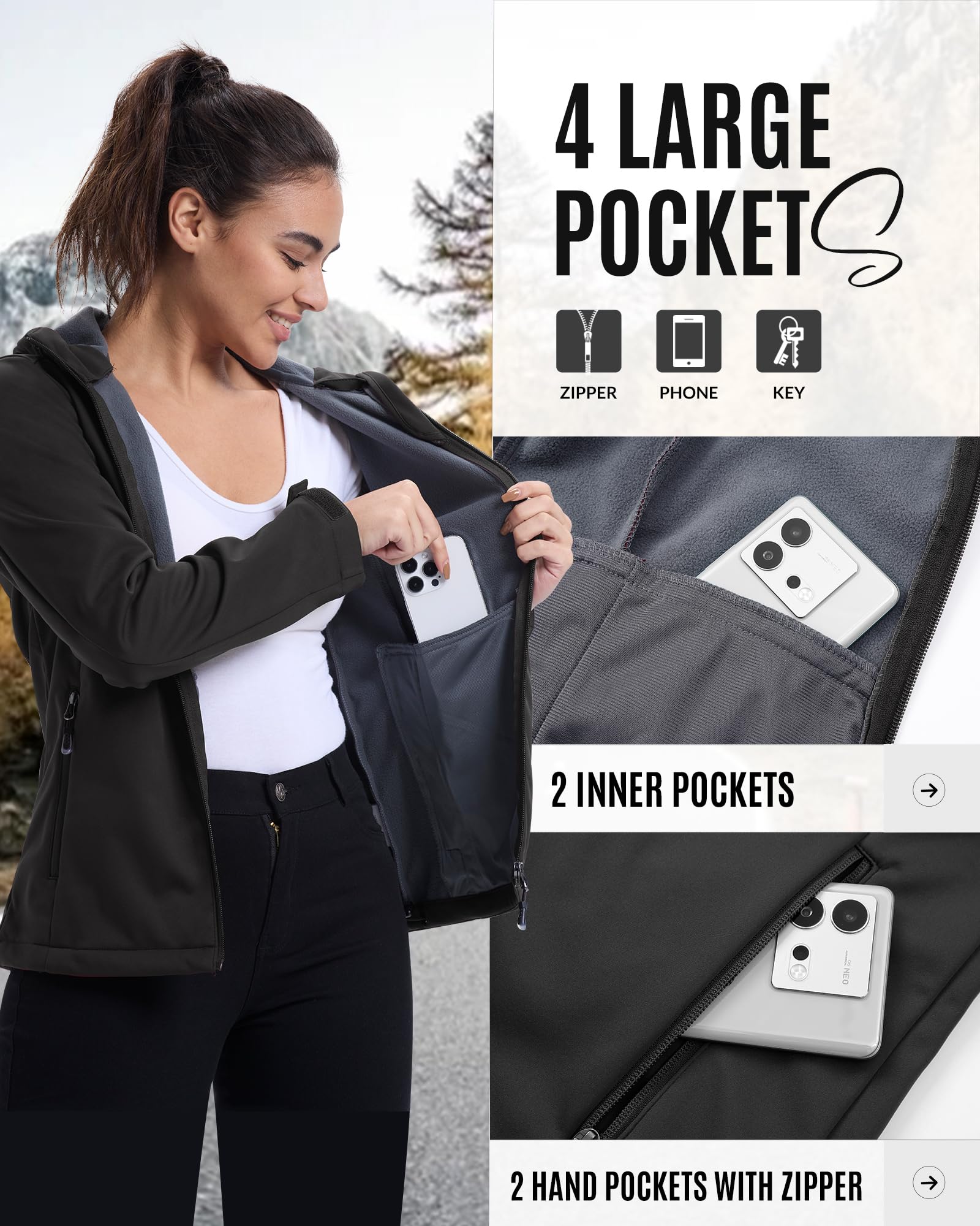 33,000ft Damen Fleece Gefütterte Softshelljacke Wasserdichte Funktionsjacke Fahhradjacke mit Kapuze Winddichte Übergangsjacke Windbreaker zum Radfahren, Wandern