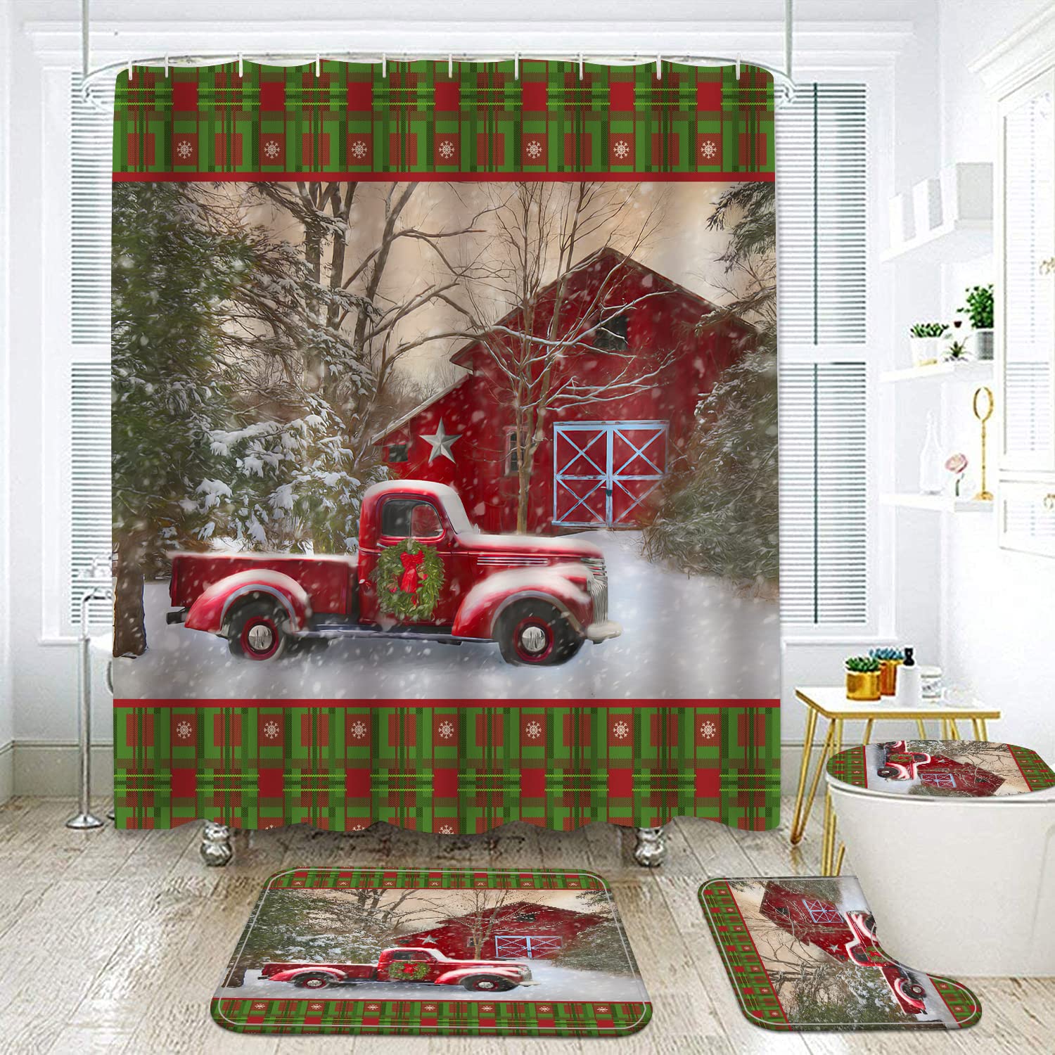 LKW-Duschvorhang-Set 4-teilig – Blaues Vintage-Holzhaus Design, Wasserdicht Mit Matte & WC-Sitzbezug