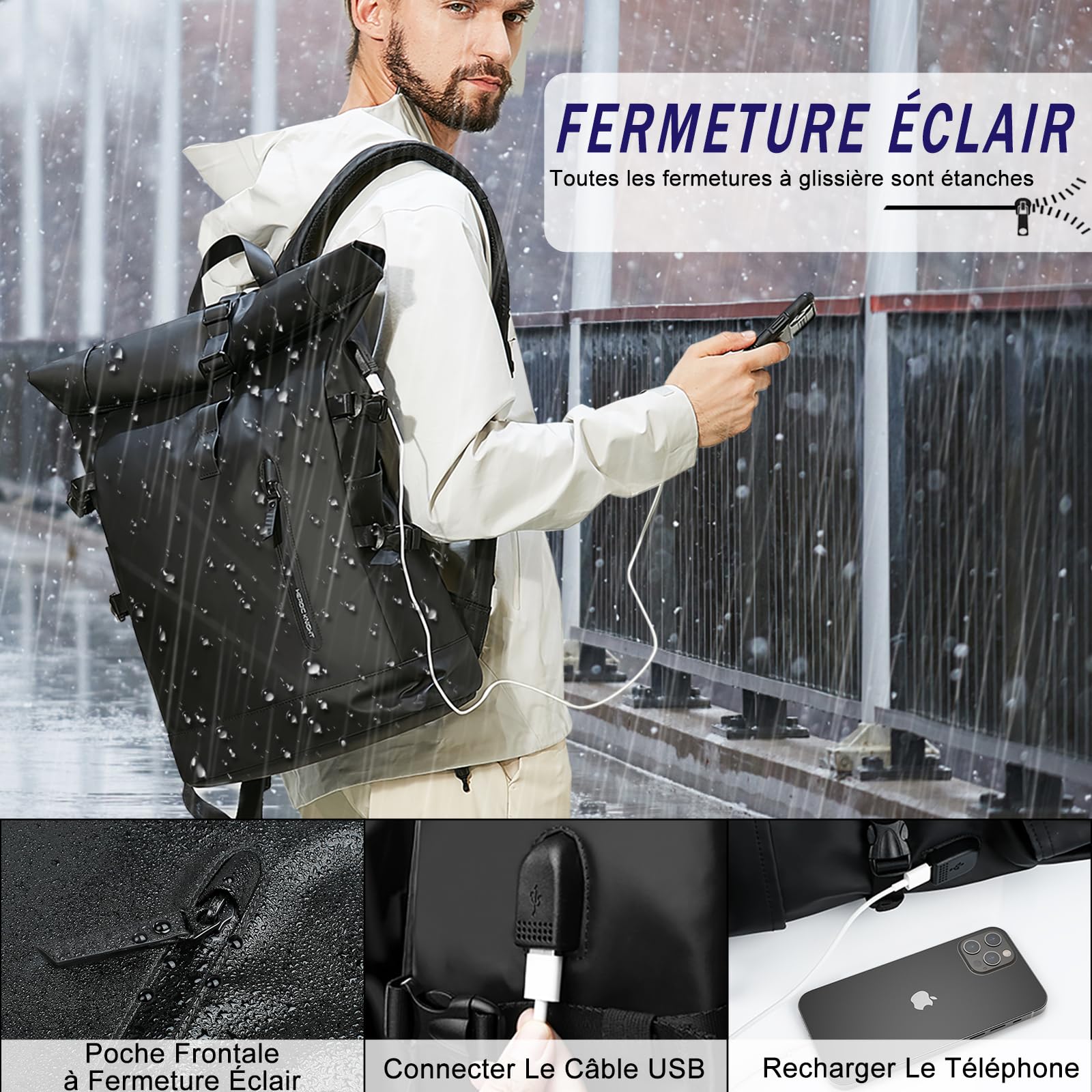hk Sac a Dos Extensible 27L Sac Roll-Top Etanche Grand Sac a Dos PC Portable 15.6 Pouces avec USB Charging Port Pour Hommes Femmes Loisir Randonnée Camping Voyage
