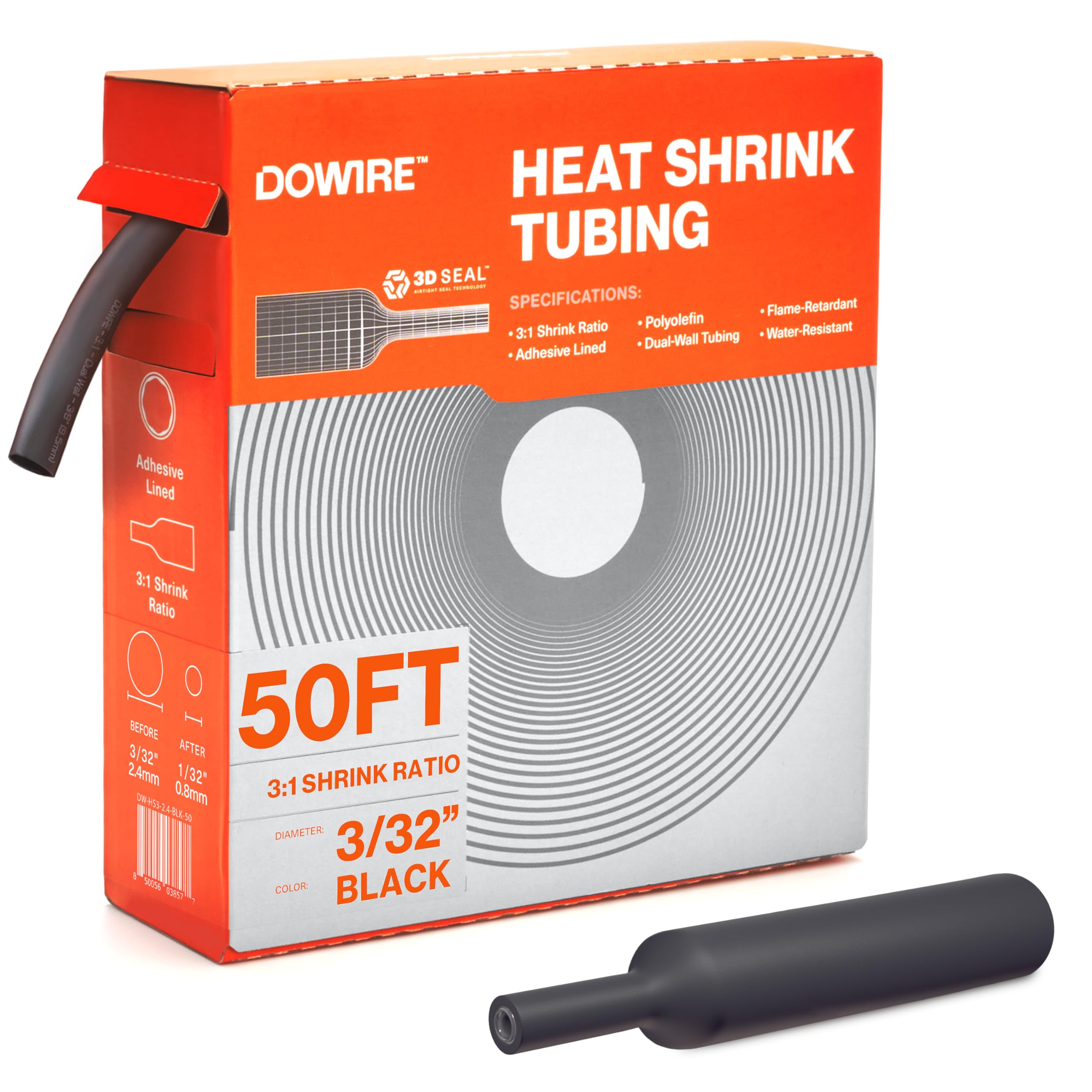 Dowire Guaina termorestringente 3/32", con rivestimento adesivo, rapporto 3:1, tubo termoretraibile impermeabile di grado marino, tubo termoretraibile, nero, 15,2 m