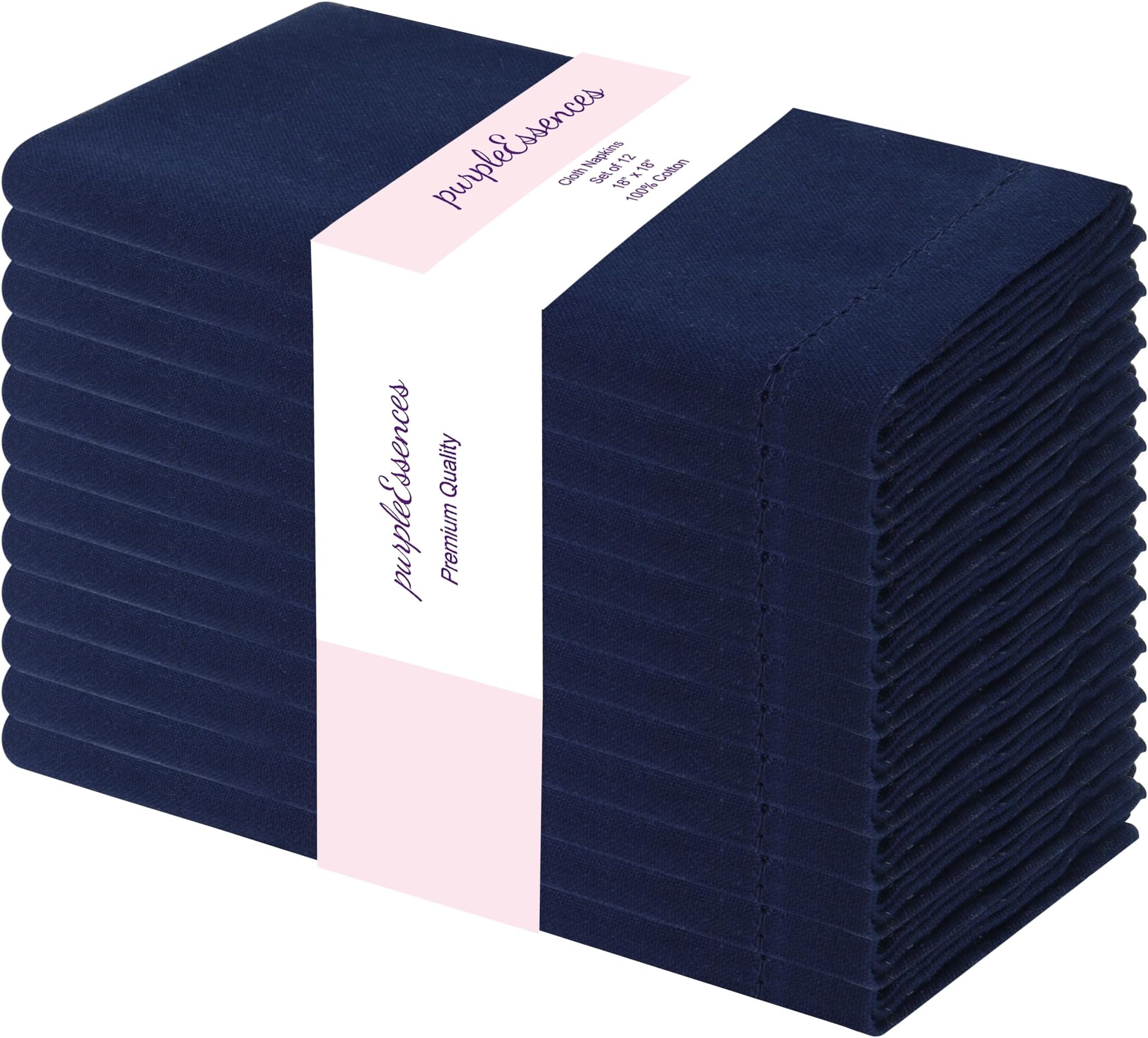PurpleEssences 12 Pack Hemstitch Napkins 100% Cotton Soft Durable Washable Ideal for Wedding Spring Summer Easter Perfect Table Linen 18x18 Inch Navy Blue