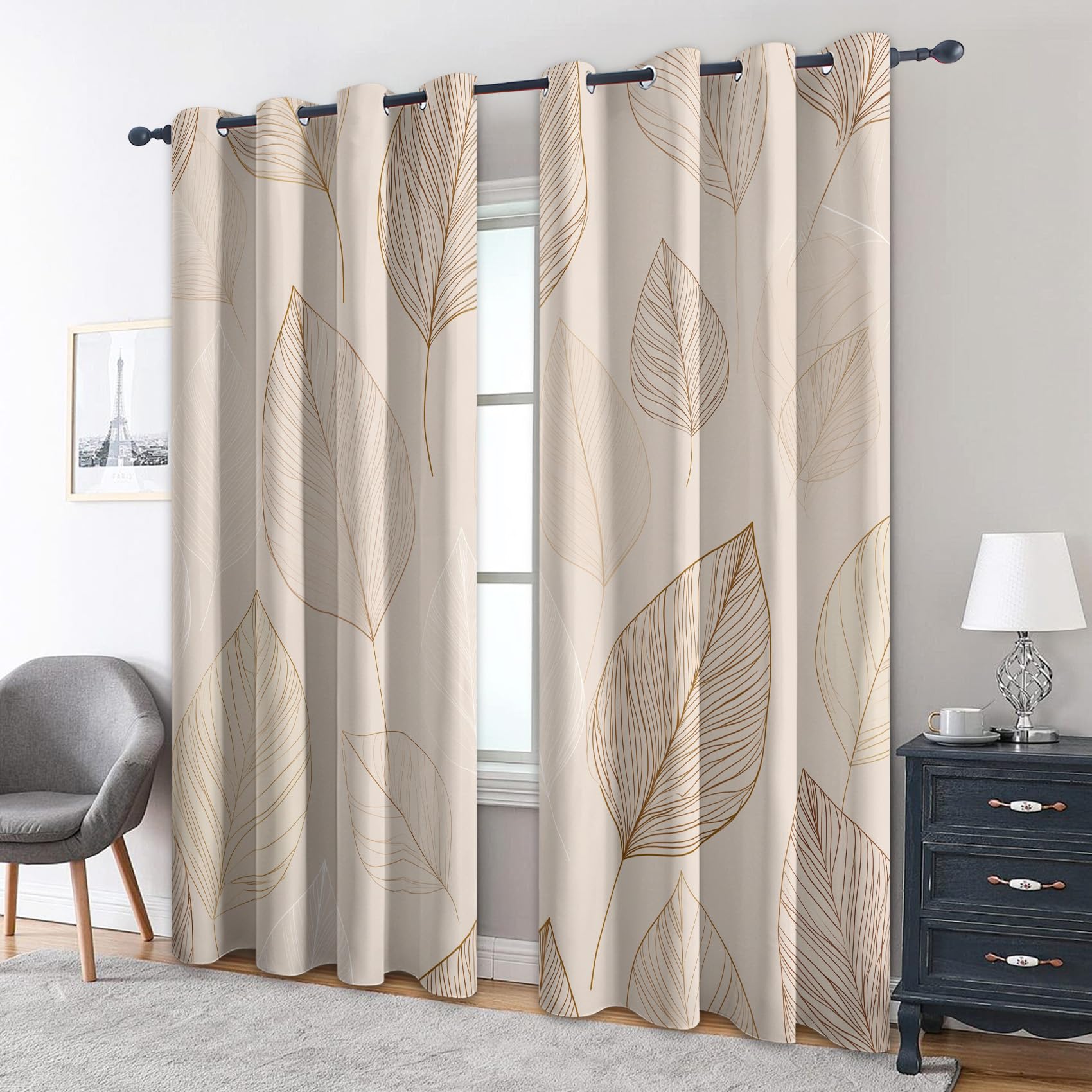 Générique Rideau Occultant Feuille, 117 x 137 (LxH) 2 Pieces, Opaque 95%, Motif Feuilles Plante Beige, Rideaux Fenetre Thermiques à Oeillets, Decoration Maison Salon Chambre GCB166