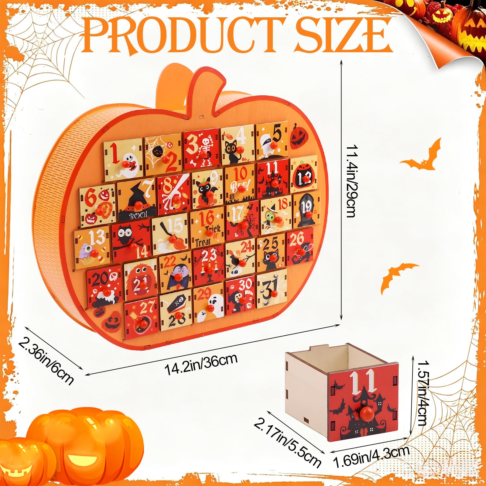 FOIMAS Calendario de Adviento de Halloween, caja de calendario de Adviento de madera con cuenta regresiva de calabaza de 31 días con cajones de almacenamiento para decoración de fiesta de Halloween