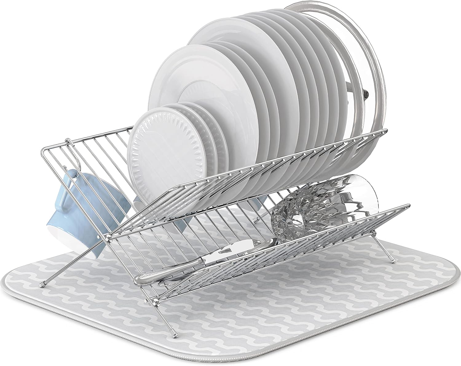 Simple Houseware Collapsible Alloy Steel Dish Drying Rack w/Dish Mat for Storage, Chrome