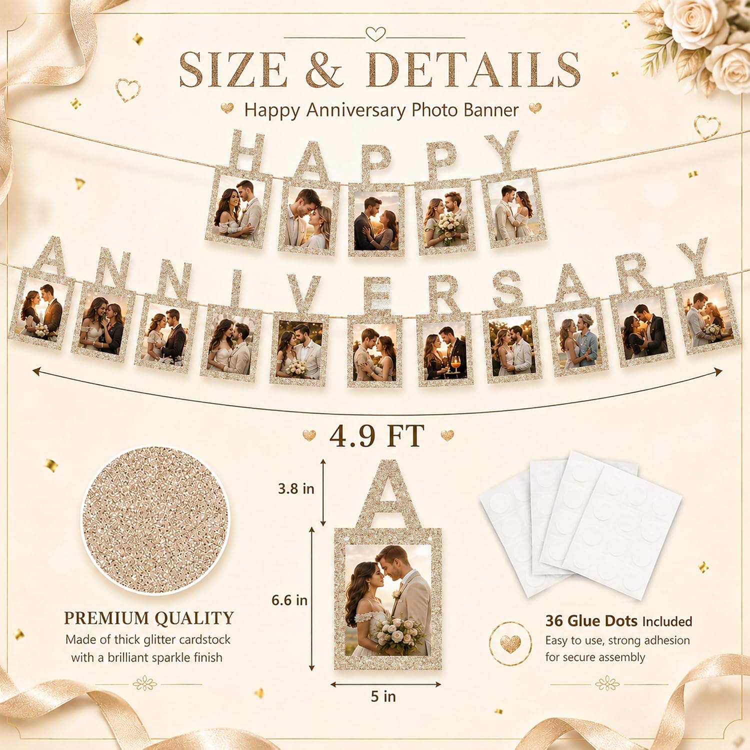 Champagne Gold Happy Anniversary Banner with DIY Photo Display, Glitter Picture Garland with Adhesive Dots, Anniversary Decorations for Wedding Anniversary, Engagement, Couple Party Supplies