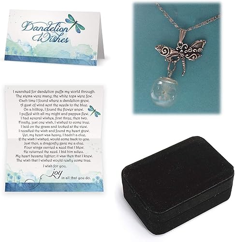 Vista 2 de Smiling WisdomSet de tarjeta de felicitación la historia de diente de león para usted con el collar de semillas de diente real de libélula Dangle