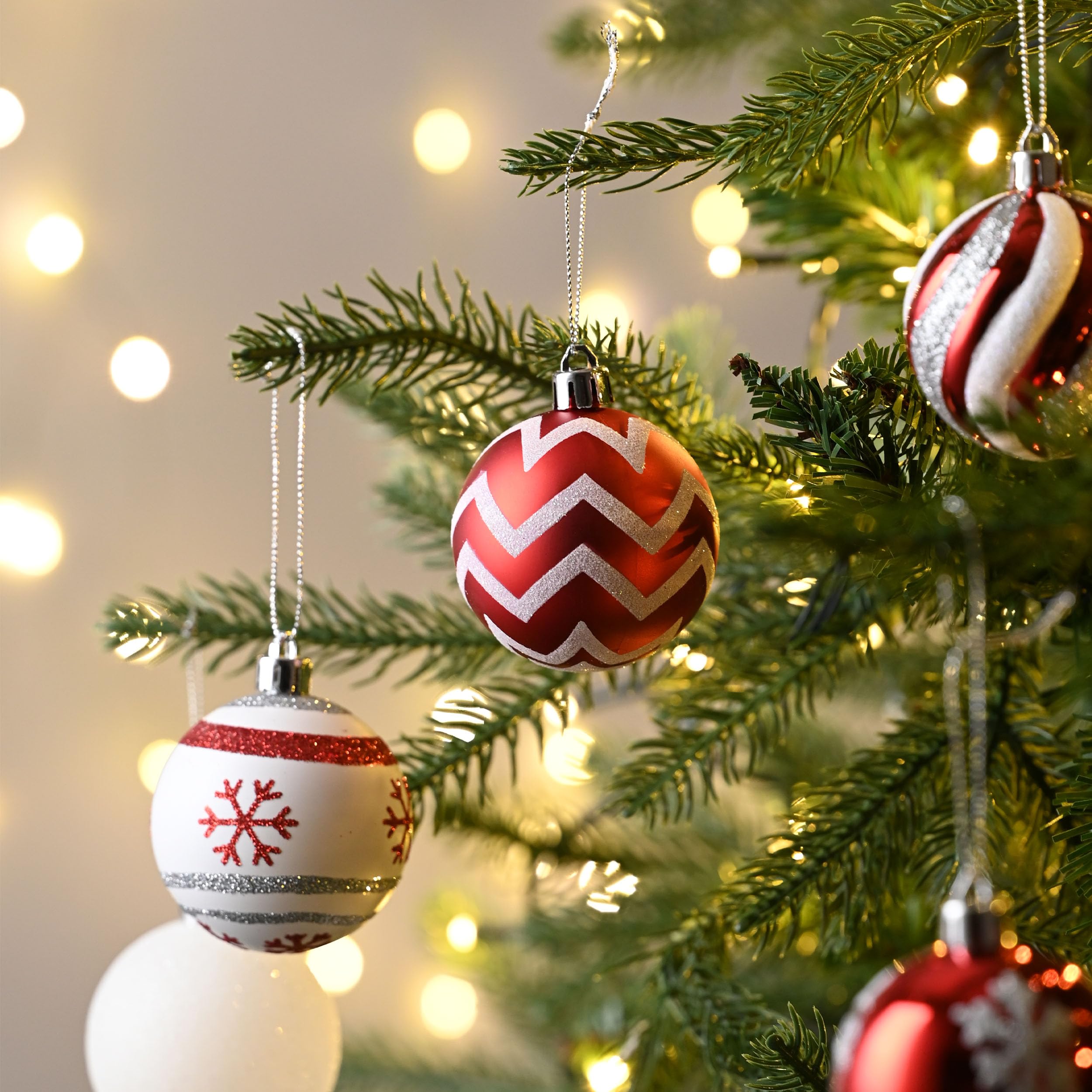 Valery Madelyn Lot de 30 décorations de Noël incassables pour sapin de Noël, rouge et blanc, 6 cm, décorations à suspendre en vrac pour fête de Noël