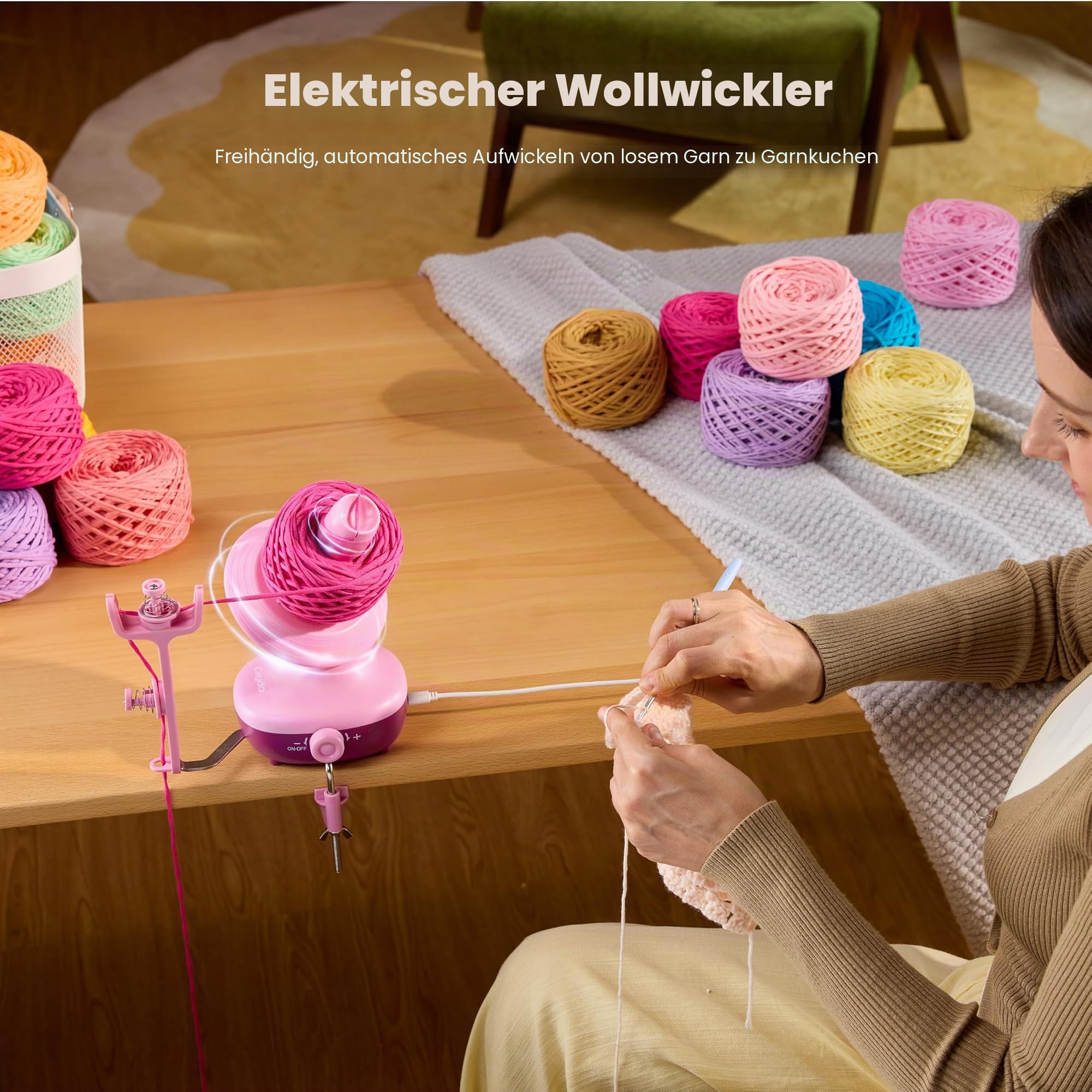 Caydo Elektrischer Garnwickler,Automatische Aufwickeln Doppelter Spannfeder | Müheloser Garnorganisator,Stufenlose Geschwindigkeitsregelung,7oz Pretty Cake,Handarbeitshelfer für Garnliebhaber & Häkelfans