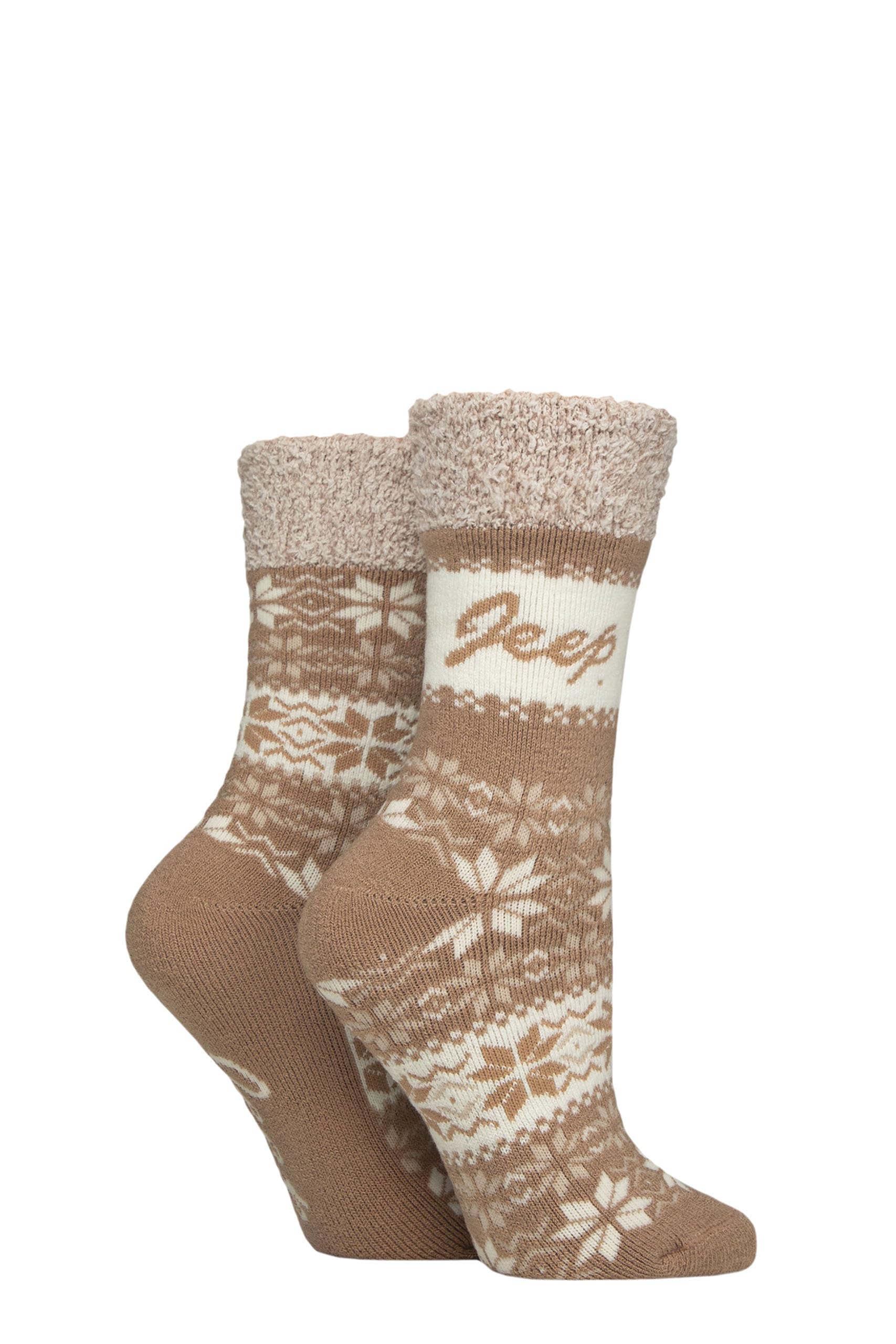 Jeep Women's Fawn / Ecru Thermal Boot Socks - Fluffy Cuff Soft Top Fairisle Patterned Cushioned Warm Winter Walking, Hiking & Outdoor Wear 2 Pairs Size 4-8 (Uk, Numeric, 4, 8, Regular, Regular, Fawn/Ecru)