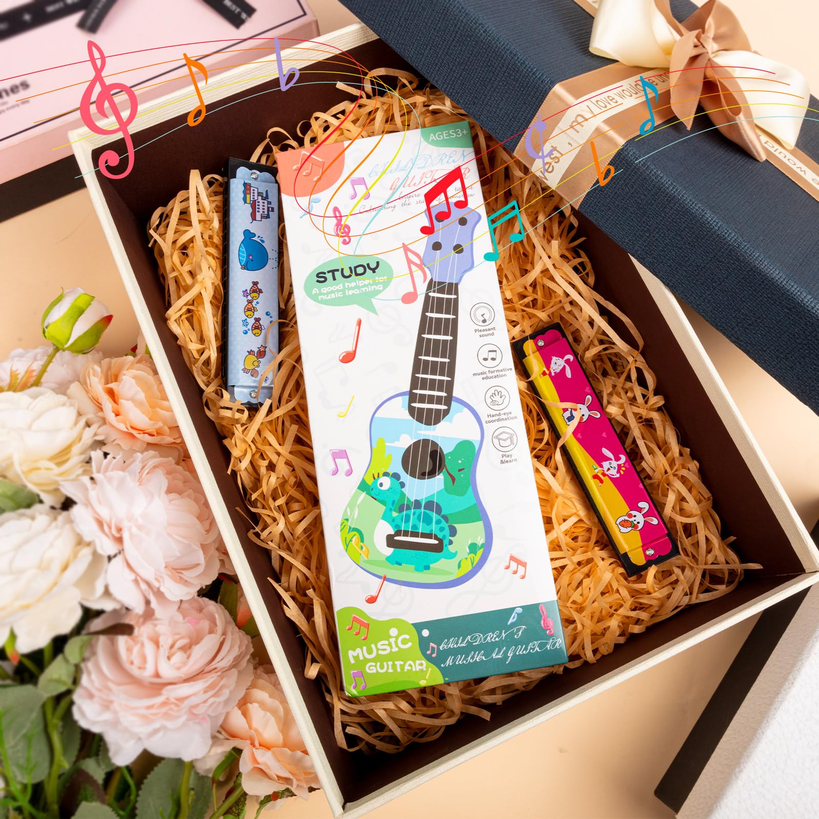 Mini guitarra de juguete musical de 10 pulgadas, ukelele clásico para niños pequeños con 2 mini armónica extra, 16 agujeros y 2 recuerdos de fiesta para niños (dinosaurio) 5