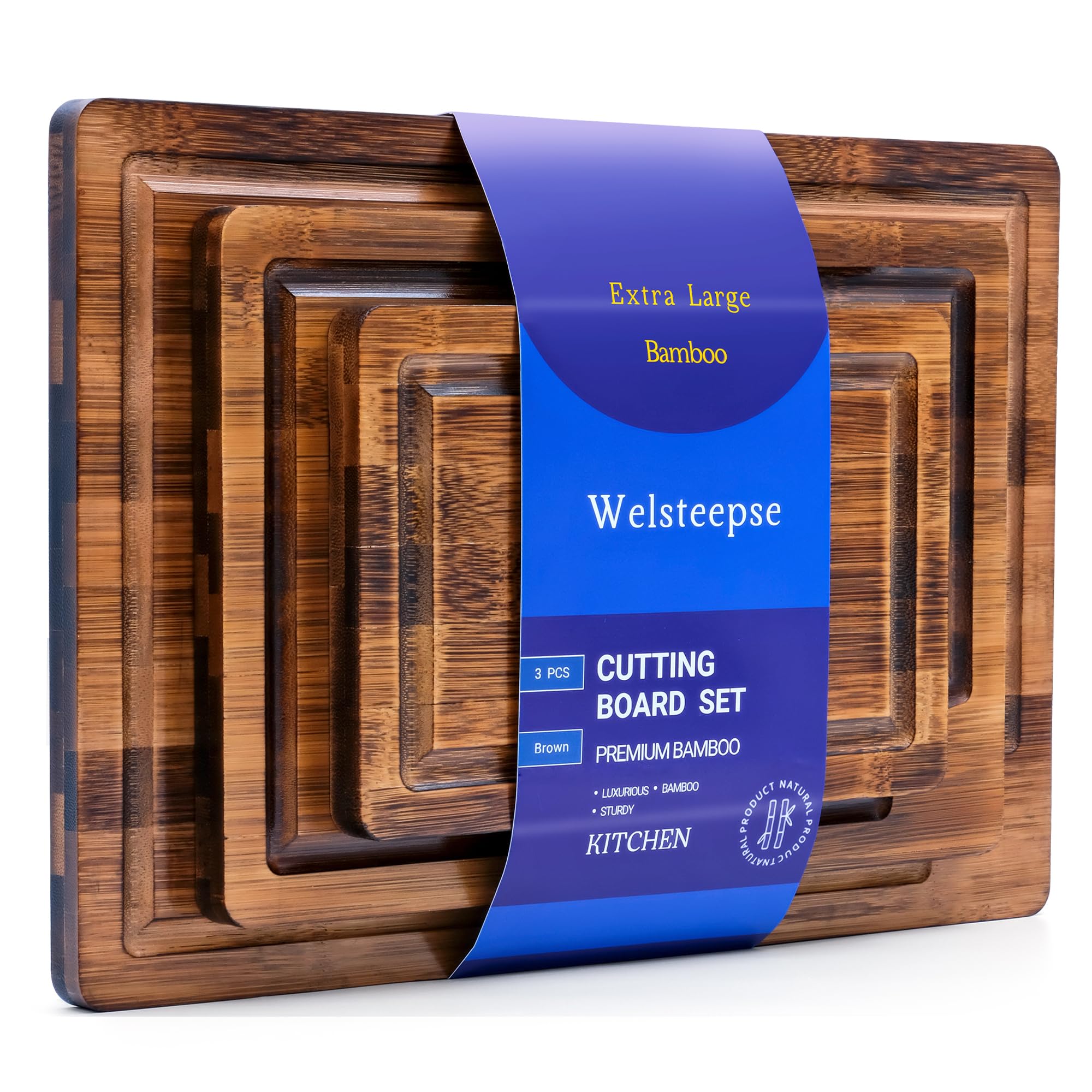 welsteepse Tablas de cortar de bambú (juego de 3) con ranura para jugo, juego de tablas de cortar de madera de bambú para carne, fruta y queso