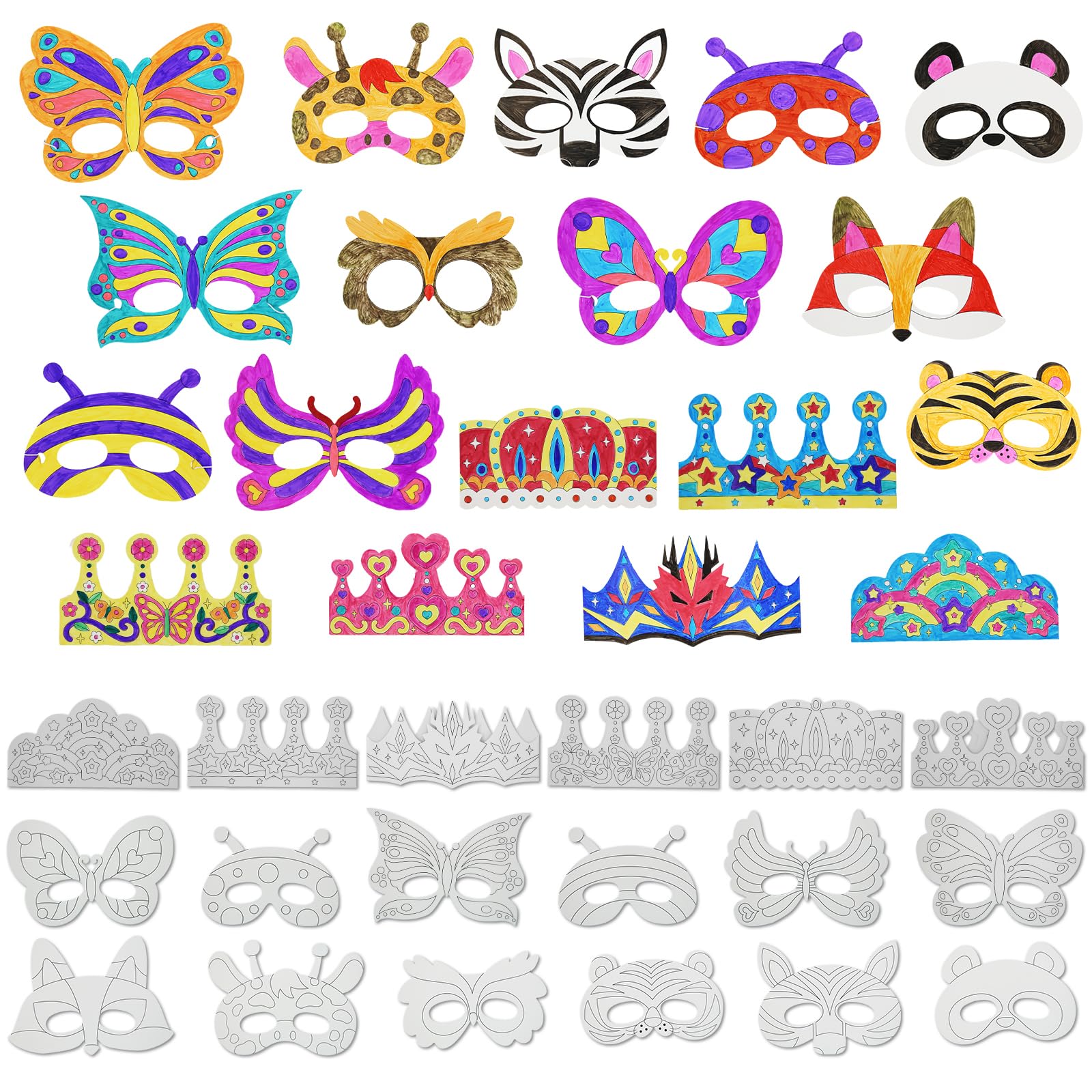 48 PCS Color Your Own Paper Crowns and Paper Masks, DIY Art Coloring Craft Activity for Kids Birthday Dress up Party Favors Decoration, School Home Art Coloring Activities