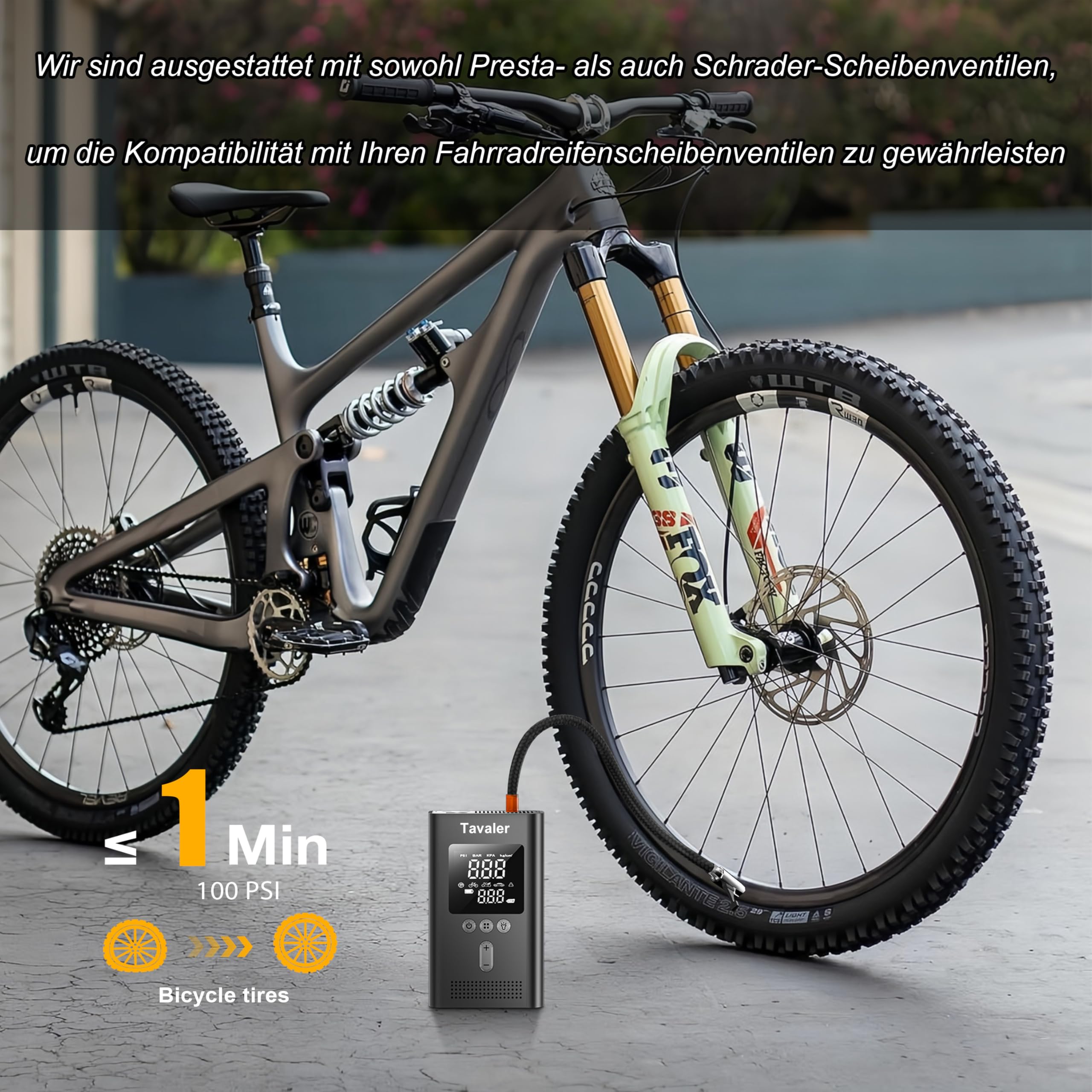 TAVALER Elektrische Luftpumpe Fahrrad 150PSI Akku Luftpumpe