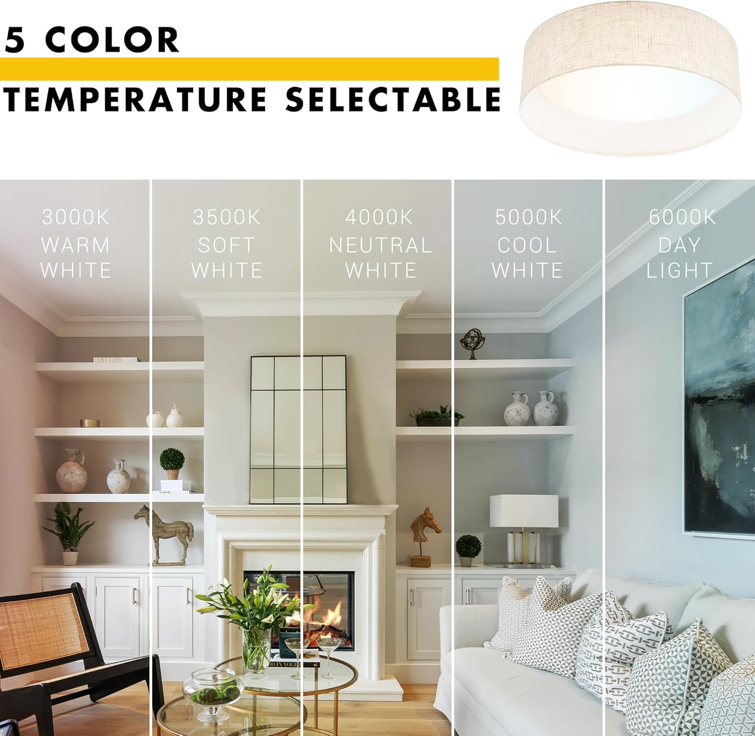 Hamilyeah 15 inch Ceiling Light Flush Mount Set of 2, LED Kitchen Lighting Fixture Ceiling Mount with Fabric Shade, 5CCT Drum Ceiling Light Fixture Overhead for Living Room, Kitchen, Bedroom, Hallway