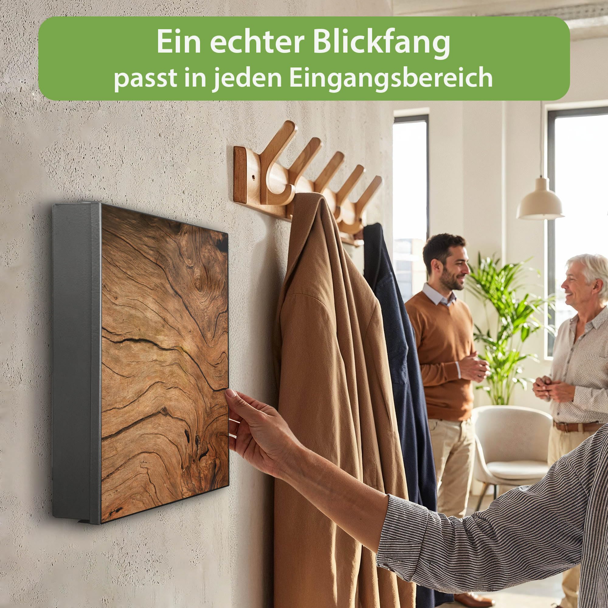 banjado Großer Schlüsselkasten Metall - Schlüsselbox 30x30cm beschreibbarer mit 32 Haken - Schlüsselkasten modern für Schlüsselaufbewahrung - Korpus Schwarz Scharnier Rechts - Motiv Trockenes Holz