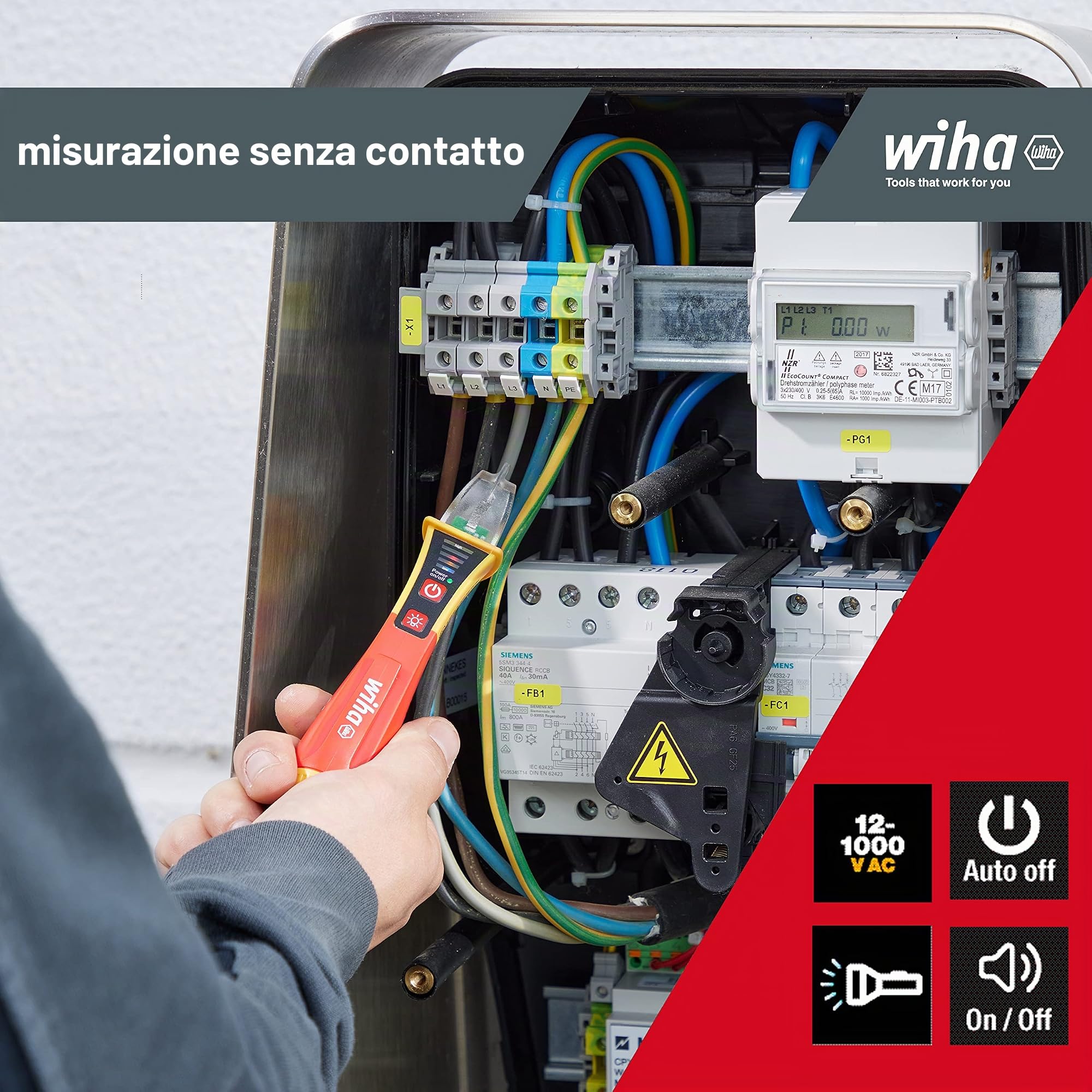 Wiha Comprobador de tensión con detector de voltaje sin contacto, unipolar, 12 – 1.000 V CA incl. 2 pilas AAA (43797) | (43797) Con display LED e torcia integrata incl. 2 batterie AAA I installazione elettrica I utensile per elettricisti