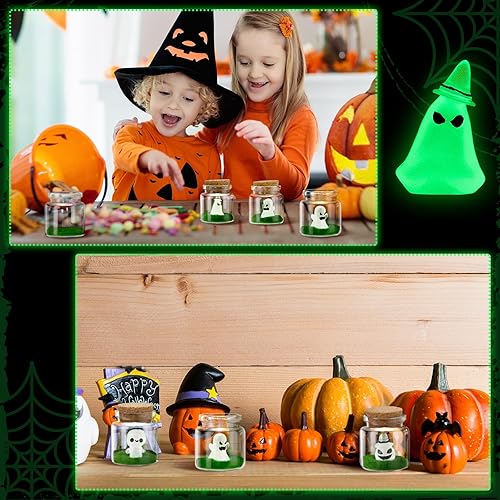 Miniatura 6 de Poen 10 juegos de fantasmas de Halloween en un tarro de masón que brilla en la oscuridad, pequeño fantasma con botella miniatura de corcho con momia