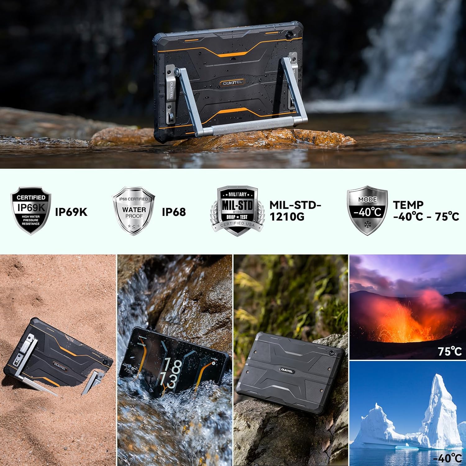 OUKITEL RT6 Android 13 Tablet Rugged, 20000mAh Batteria(33W) Rugged Tablet 10,1 Pollici FHD+,14GB+256GB(TF 1TB),IP68/IP69K Impermeabile,Octa-Core,16MP+16MP, Dual 4G LTE/5G WiFi/OTG/GPS/Face ID-Arancia