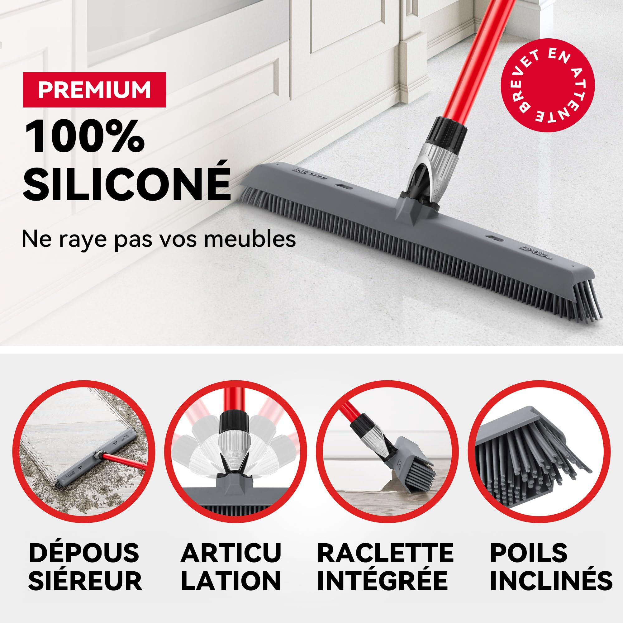 Tyroler Balai Silicone & Raclette Sol | Tête De 41 cm Balai Bross Poils Animaux | Manche Anti-Rouille en 4 Parties de 140 cm pour Balais en Silicone Professionnel | Balais Nettoyer Sol