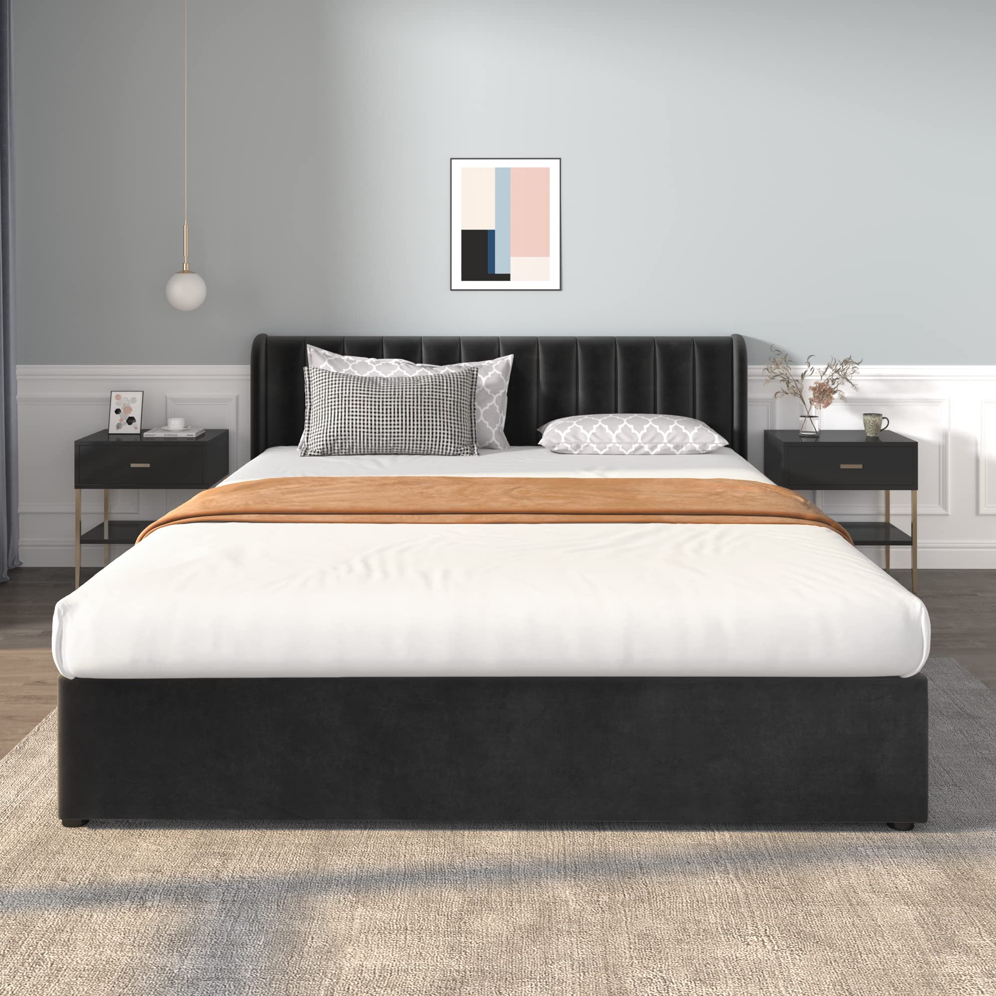 Tweepersoonsbed, gestoffeerd bed 180 x 200 cm met kast en laden, fluwelen stof, lattenbodem, hydraulisch functioneel bed, grote opbergruimte