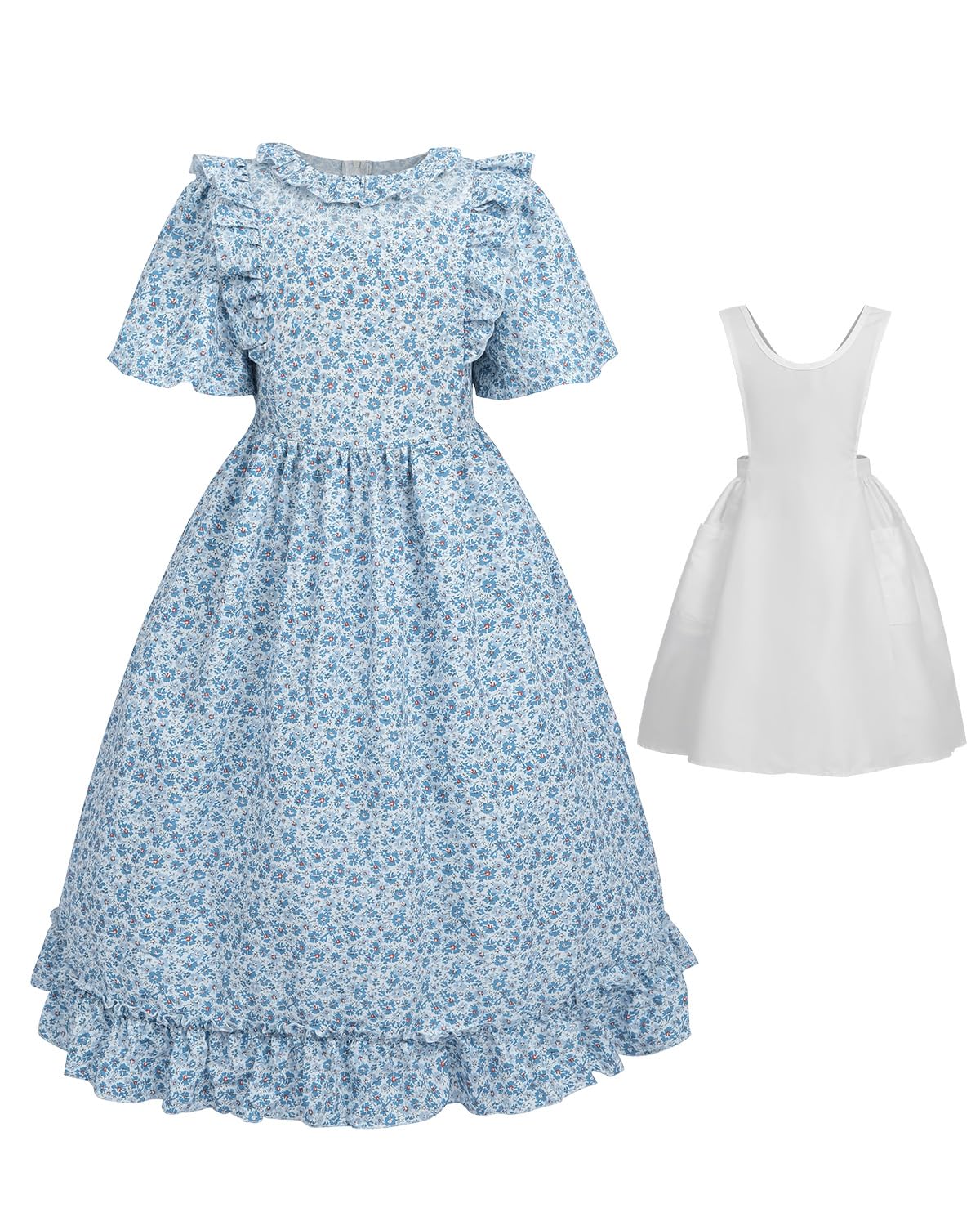 FCCAM Colonial Pioneer Dresses for Girls Short Sleeve Floral Prairie Costume Blue L