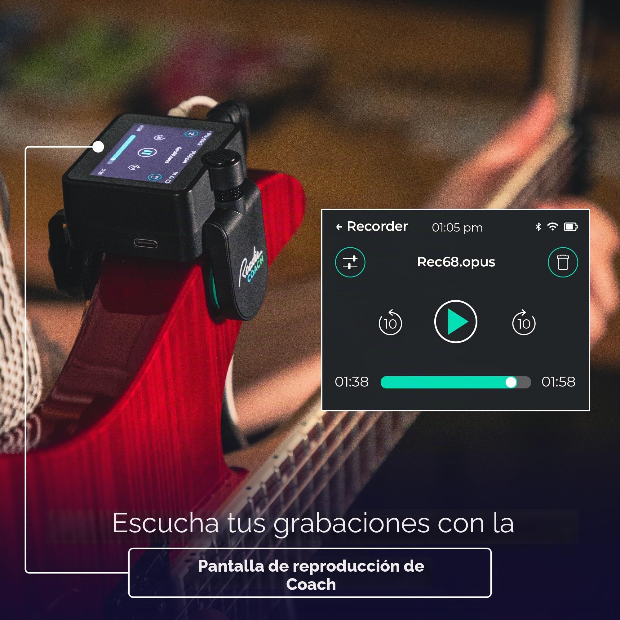 Roadie Coach Multi-Herramienta para Guitarra, Ukelele y Canto | Grabadora Portátil con Micrófonos Duales, Afinador, Controlador MIDI, Retroalimentación AI sobre Rendimiento