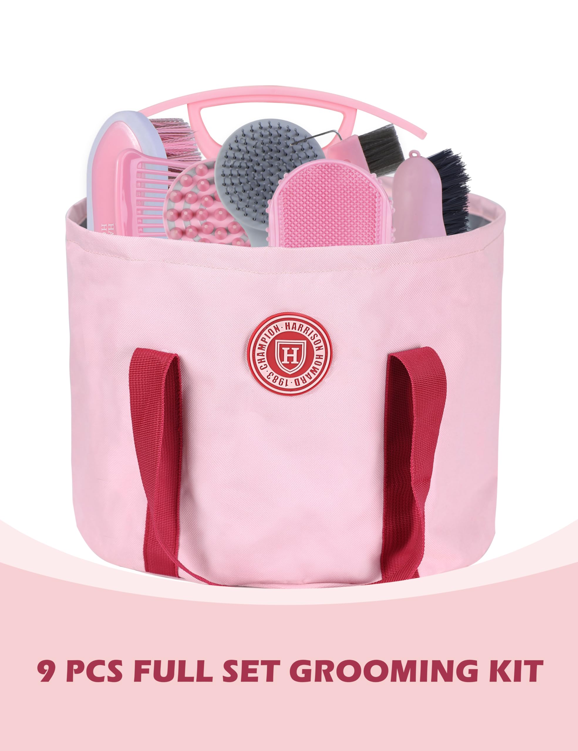 Harrison Howard Horse Grooming Kit 9-Piece Equine Care Series Horse Brush Sets with Organizer Tote Bag Pink - Image 2