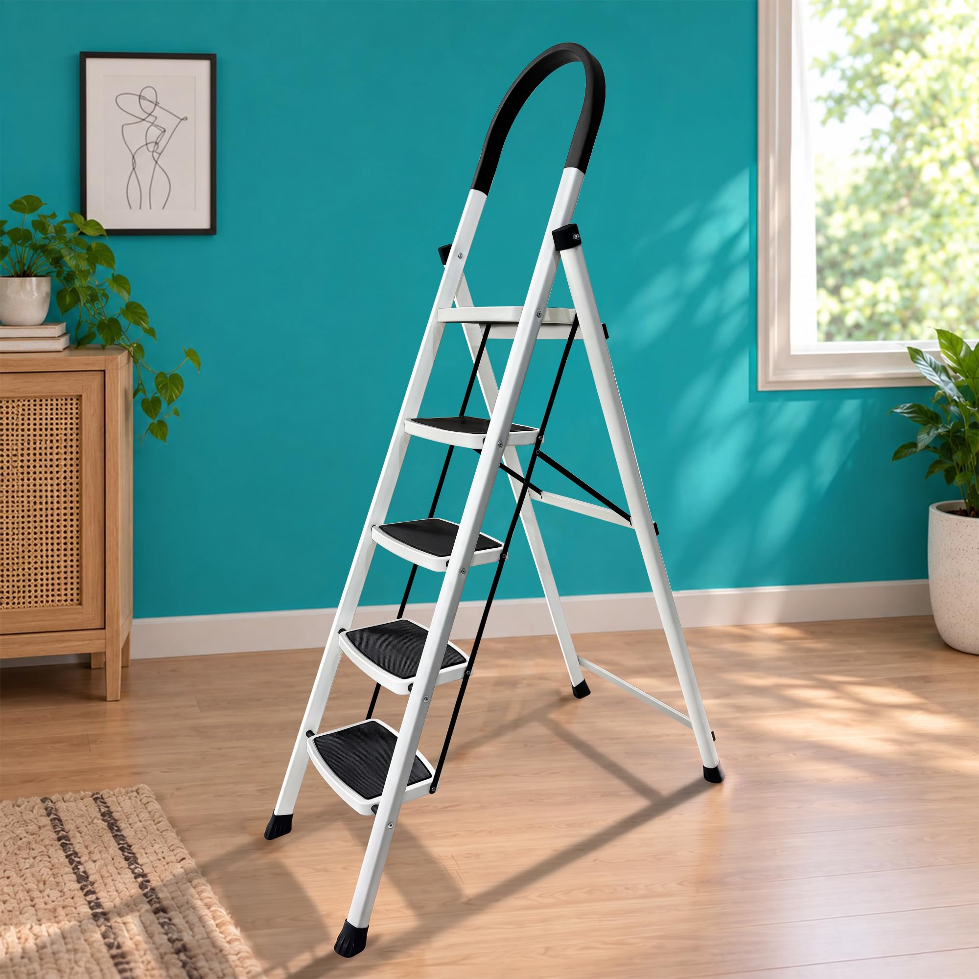 HOUZA Steel Ladder for Home 7 Steps Foldable with Anti-Skid Wide Steps (30cm x 20cm) | 7 Step Ladder for Home Use with D-Shape Rods | Secure Lock | 150 Kg Capacity Folding Ladder | 5 Year Warranty — Amazon image 14