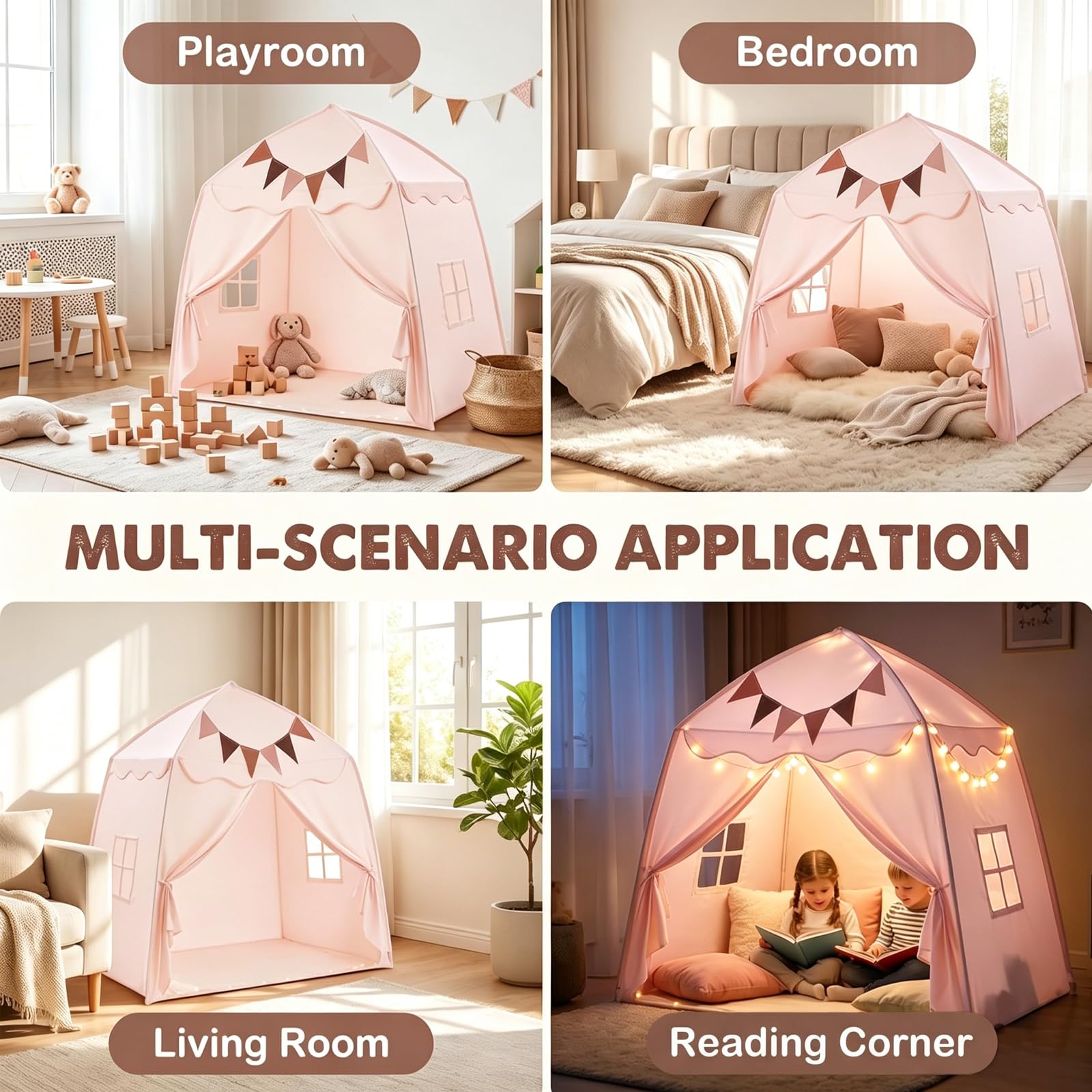2 IN 1 Kinderzelt Indoor, Spielzelt mit LED-Lichtern und Dekoration, Kinderzimmer Spielhaus Indoor für Schlafzimmer Spielzimmer, Faltbares Spielzelt für Mädchen und Jungen, Rosa