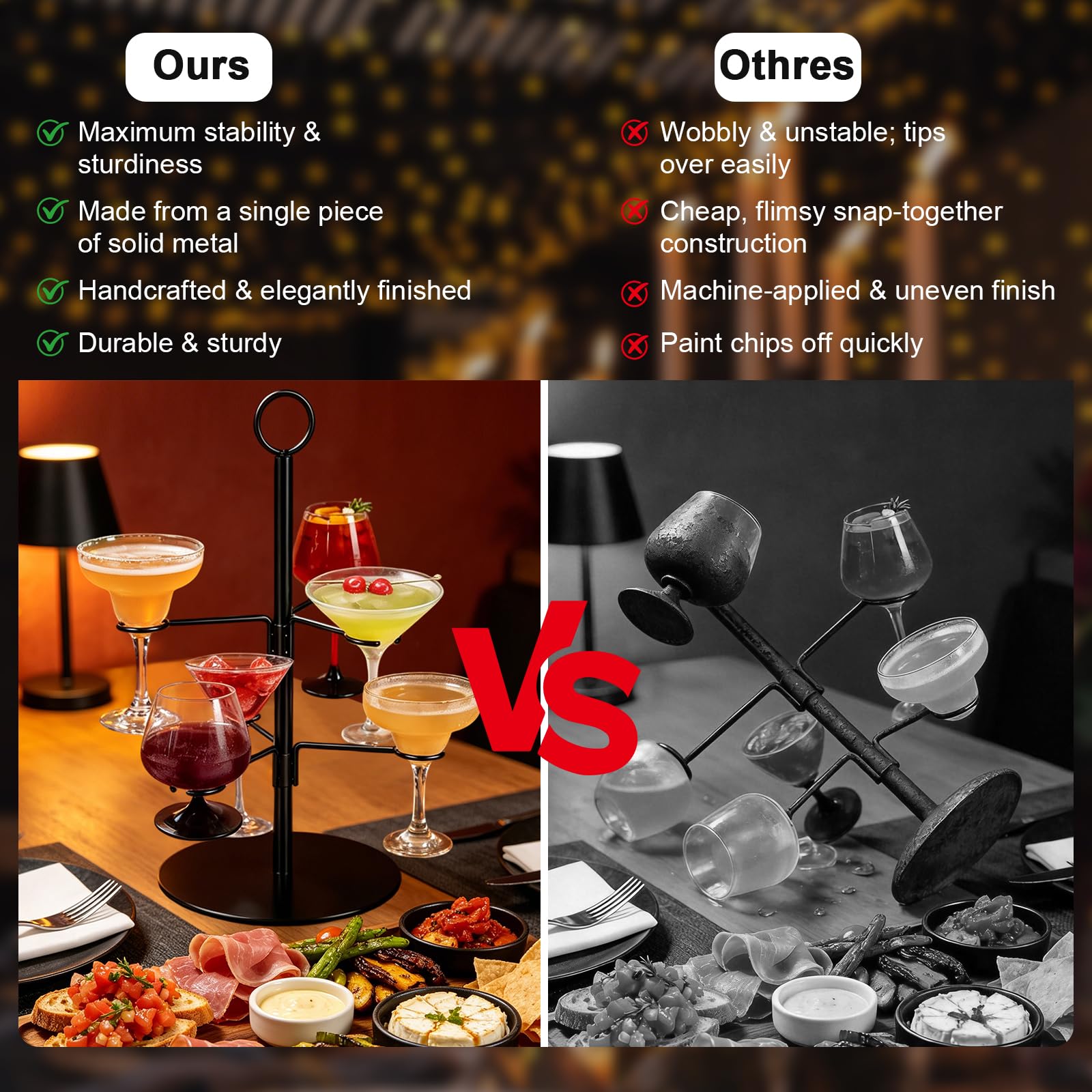 Arbre à Cocktail,2 Niveaux 6 Supports pour Verre à Vin,Tour à Cocktail en Métal pour Fête de Mariage,Tour à Champagne,Support de Bar et Boisson,Pour Verres à Vin,Boissons,Cocktails,Martini,Margarita