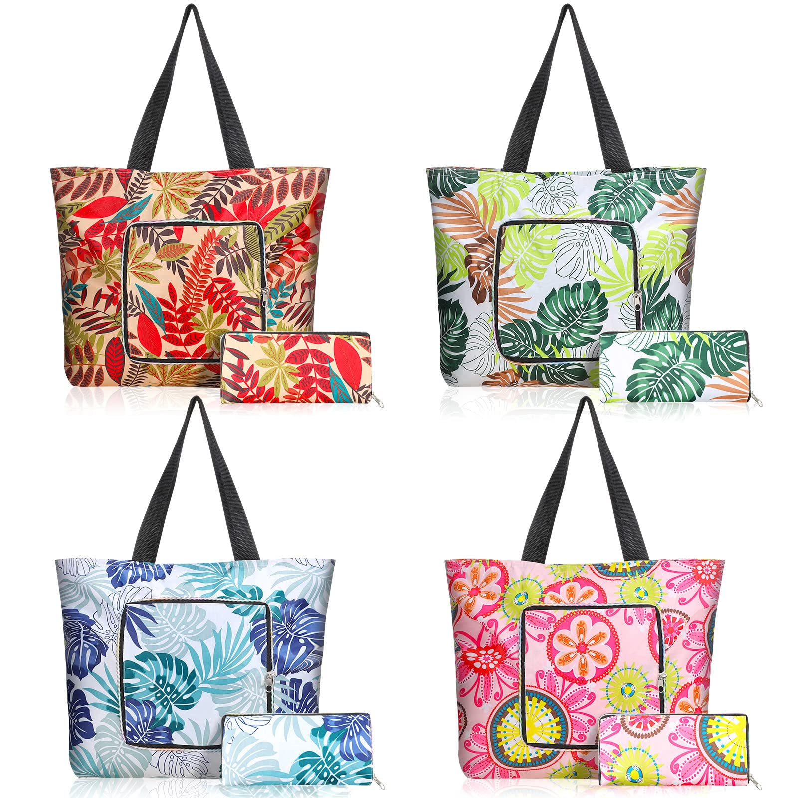 Woanger 4 Pcs Reusable Shopping Bags Washable Foldable Grocery Bags with Handles Zippered Waterproof Tote Oxford(Simple Style)