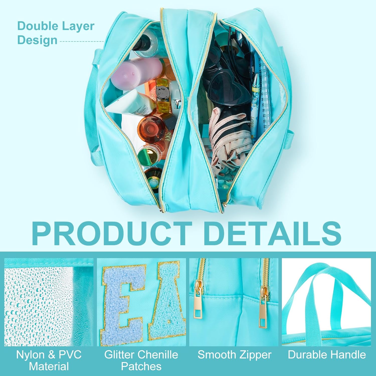 Pinkunn Large Clear Chenille Letter Bag Double Layer Makeup Patches Cosmetic Bag Zipper Pouch for Travel Waterproof Nylon Toiletry Makeup Supplies for Women Girls(Teal,Beach) - Image 3