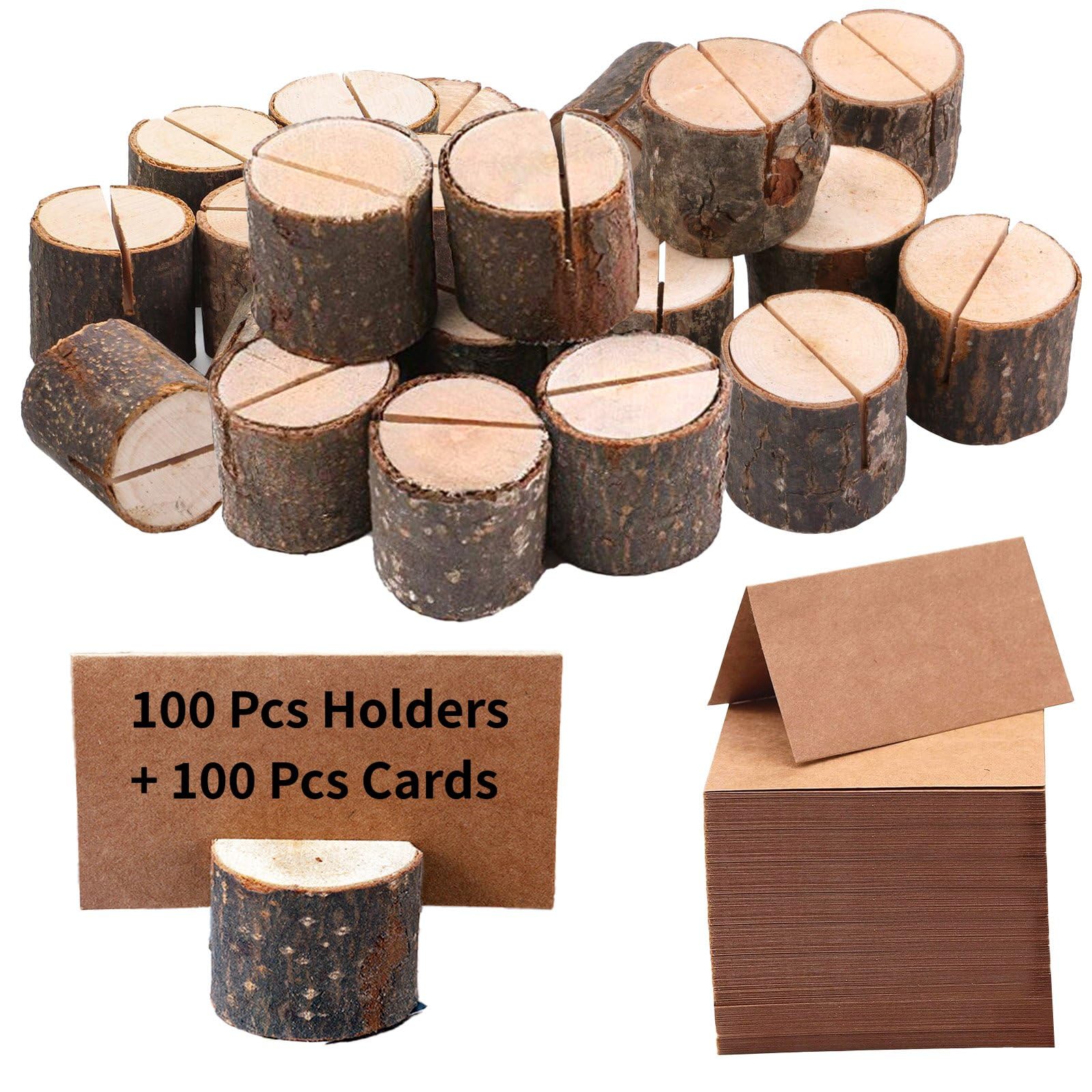 100 Pack Rustic Wooden Place Card Holders with 100 Kraft Cards, Table Number Holder, Photo Display Stand, Memo Card, Food Label Holder for Wedding, Party, Craft