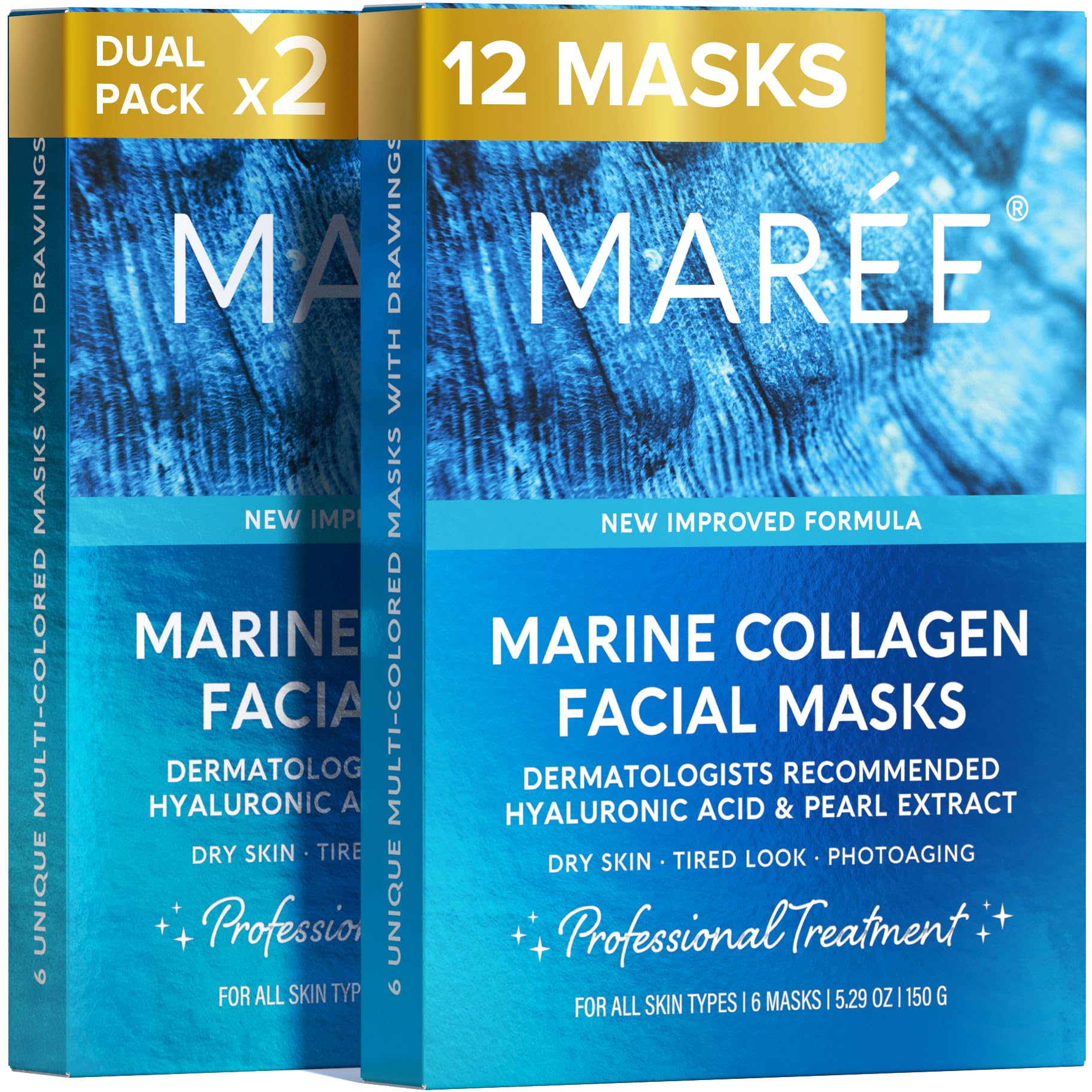MAREE Collagen Facial Mask with Hyaluronic Acid — Sheet Face Mask Skincare — Centella Asiatica, Green & Red Algae Extract — Hydrating Facemask For Women Skin Care — Mascarillas Para La Cara — 12 Count