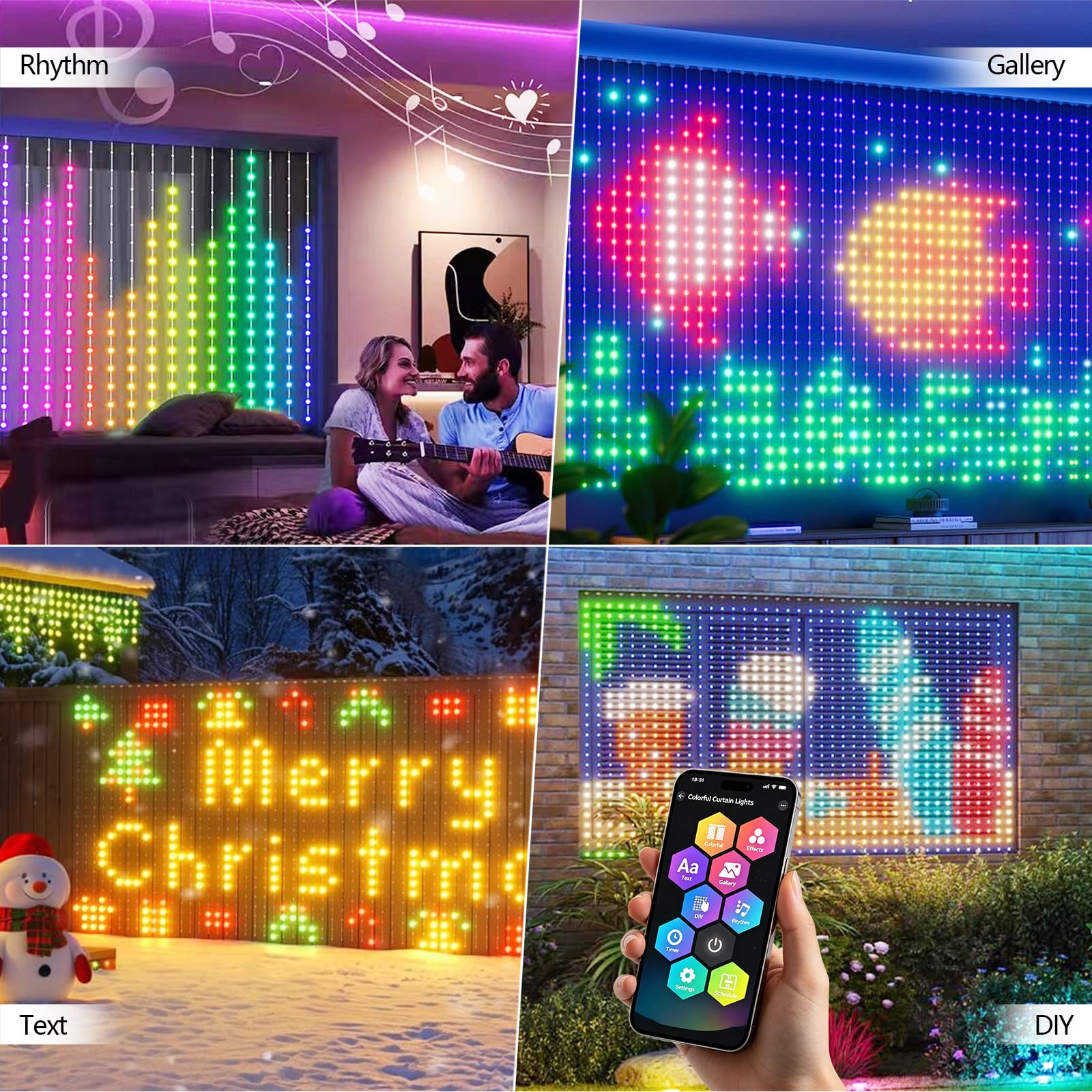 Guirlande Lumineuse Chambre, 2x2M Rideau Lumineux 400 LED, Contrôle à APP et Télécommande, Sync Musique Guirlandes USB pour Décoration Intérieur Fenêtre Mariage Noël Halloween