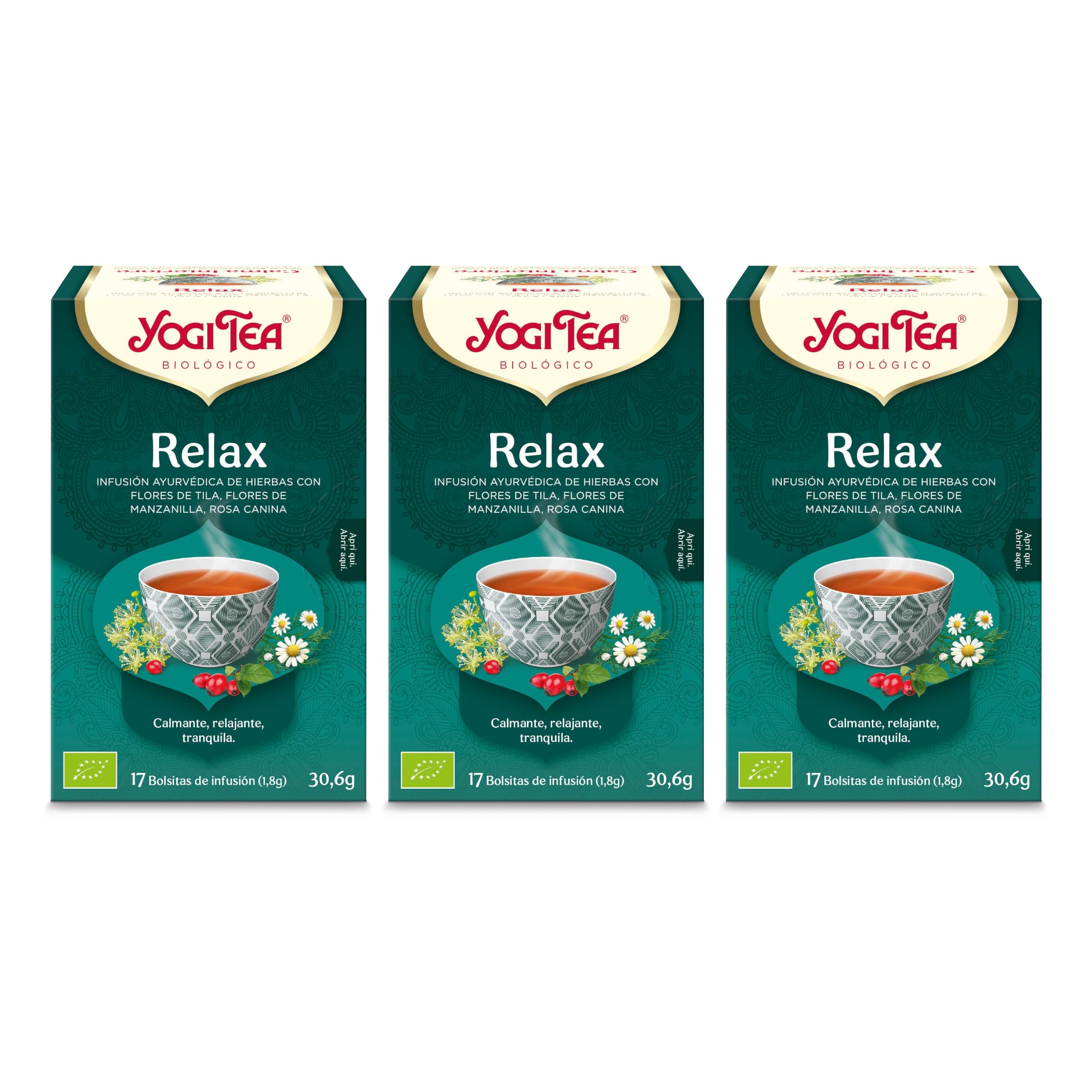 Yogi Tea Relax Infusión Ayurvédica Tila Manzanilla Rosa Canina Sin Cafeína Pack 3x17 bolsitas