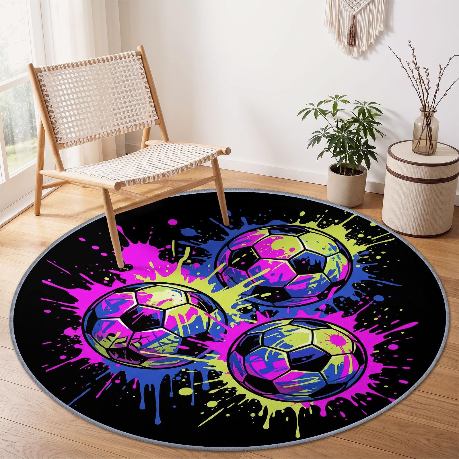 Graffiti dywan piłkarski, do salonu, okrągły, czarny, 120 cm