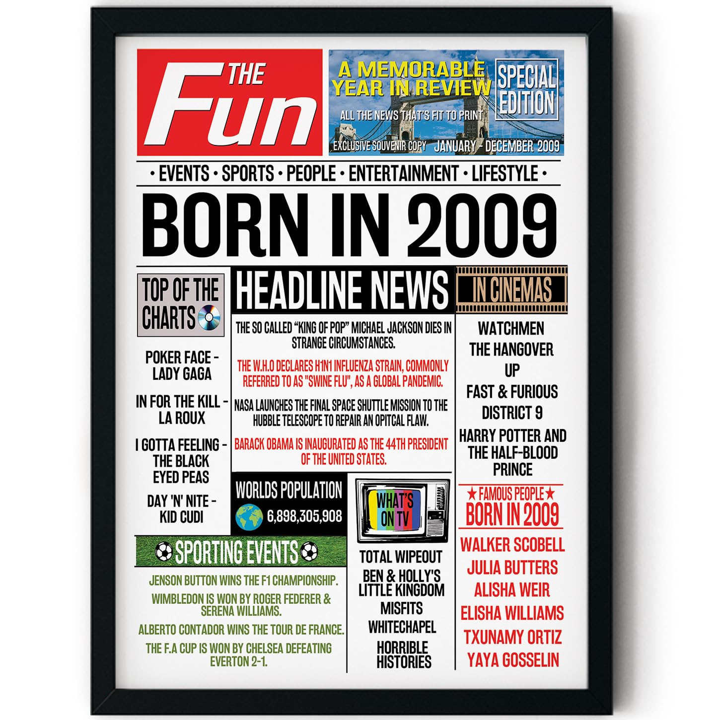 Stuff4 Boys 2009 17Th Birthday Poster Framed - Born In Newspaper - Happy 17Th Birthday Gifts For Girls Vintage Retro Back In 8X10 Inch Bday Party Decor Decoration