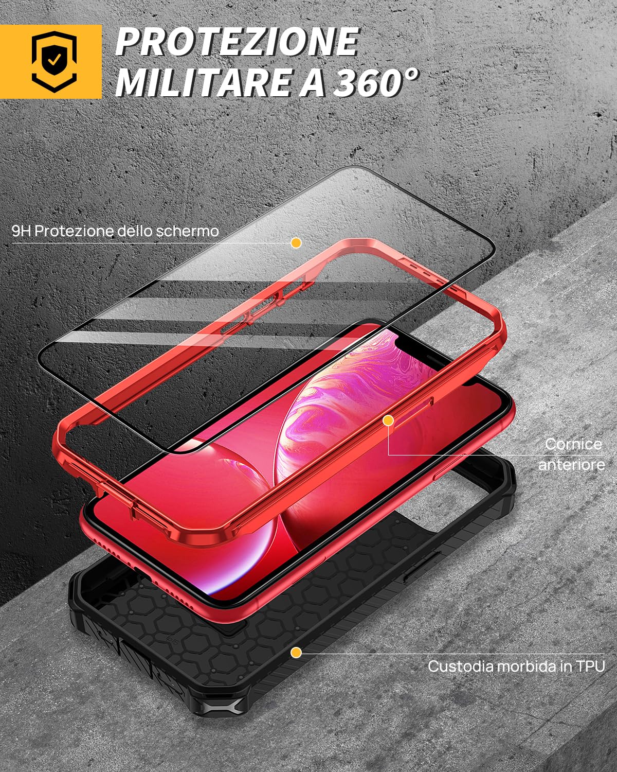 Lanhiem Cover per iPhone 11 con 2 Pezzi Vetro Temperato, 16FT Antiurto Anticaduta Militare,Supporto Magnetico Anello a 360° Protezione Armor Protezione, Custodia per iPhone 11, Rosso