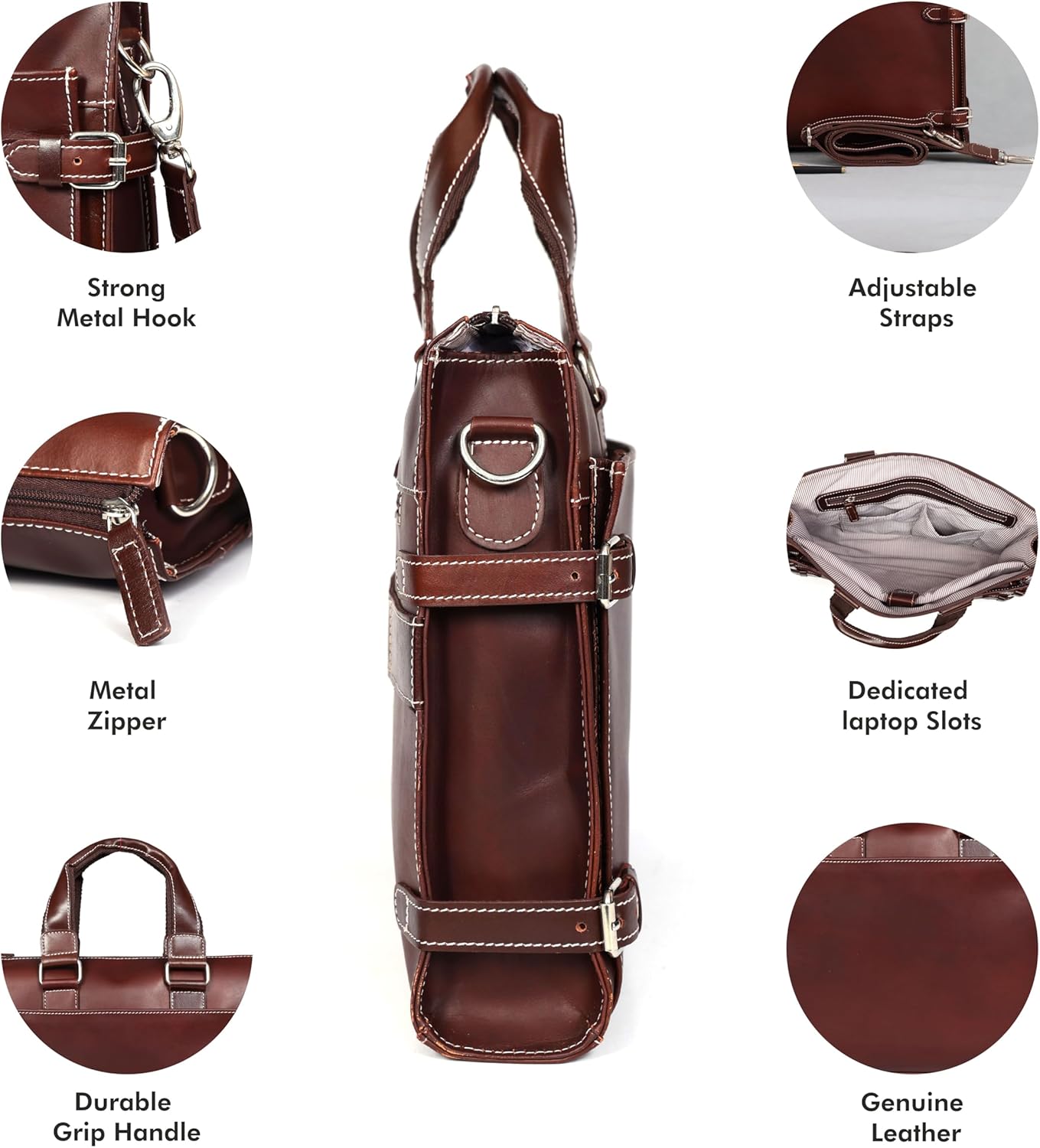 Leather Laptop Briefcase for Men - Classic Brown, 3 Zipper Pockets, 2 Spacious Compartments, Fits 16-inch Laptop (16x12x4 inches) - Image 4