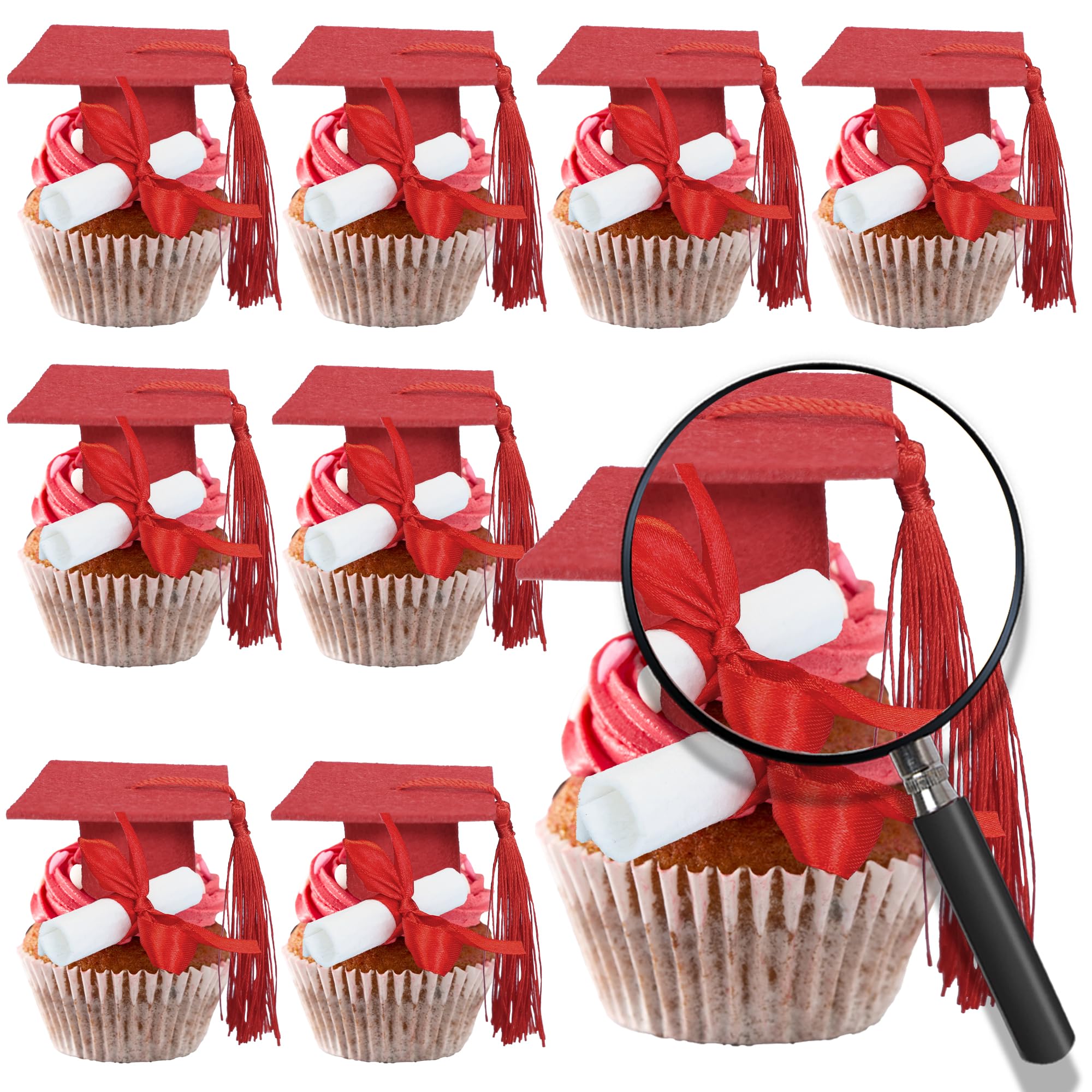 Gyufise 24Pcs 3D 2026 DIY Graduation Cap Cupcake Toppers and 24Pcs Diploma Picks 2026 Congrats Grad Cupcake Picks with Tassels for School Boys Girls Graduate Party Decorations Supplies Wine Red