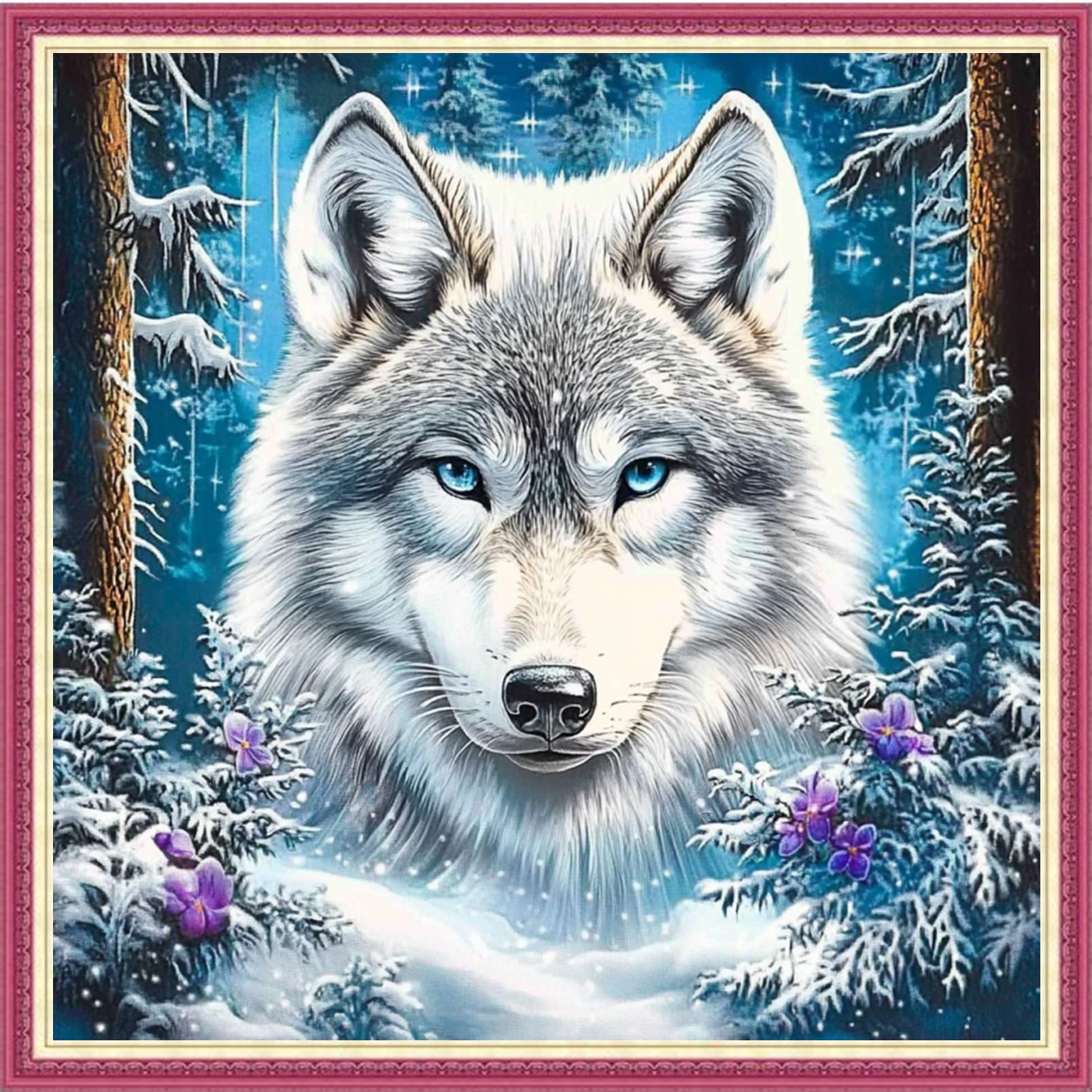 Fanxvivy Stamped Cross Stitch Kits for Beginners Full Range of Cross Stitching Preprinted Embroidery Kits for Adults, 11CT Embroidery Pattern Needlepoint Kits-Forest Snow Wolf 18×18 inch