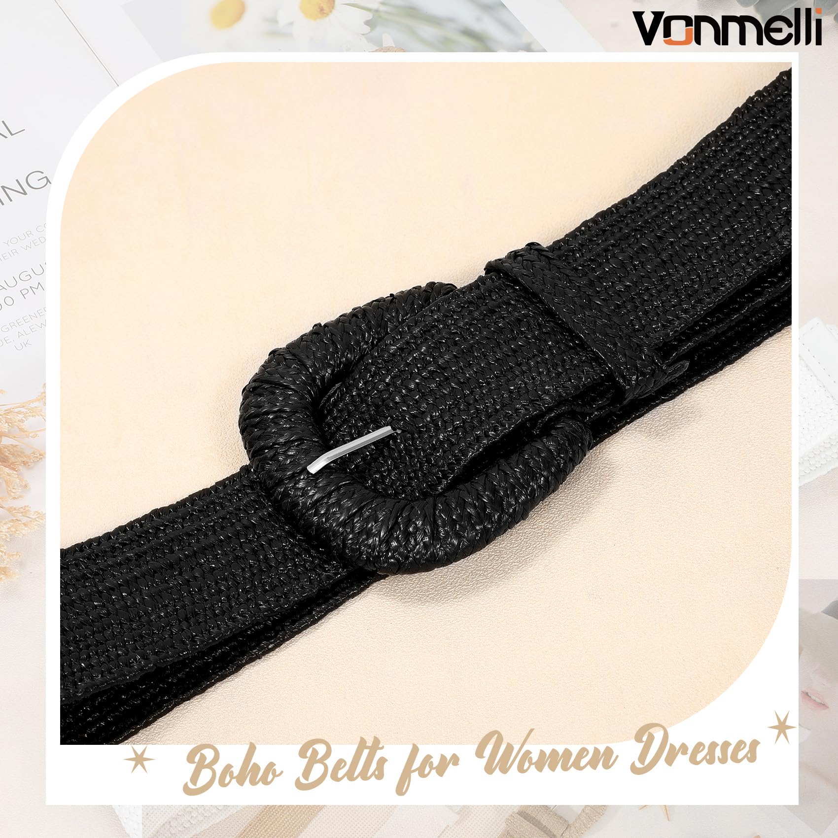 VONMELLI Cinturón elástico de paja trenzada para mujer correas elásticas para vestido de moda cinturón de cintura Boho Correas de mujer de rafia de ratán