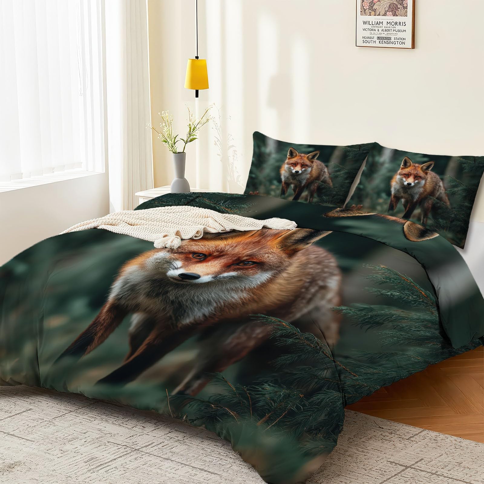 Nowoczesny zestaw pościeli 240 x 220 cm, puszysta pościel z mikrofibry z lisem, dzikimi zwierzętami, realistyczny wzór, poszewka na kołdrę z zamkiem błyskawicznym i poszewką na poduszkę 80 x 80 cm, do