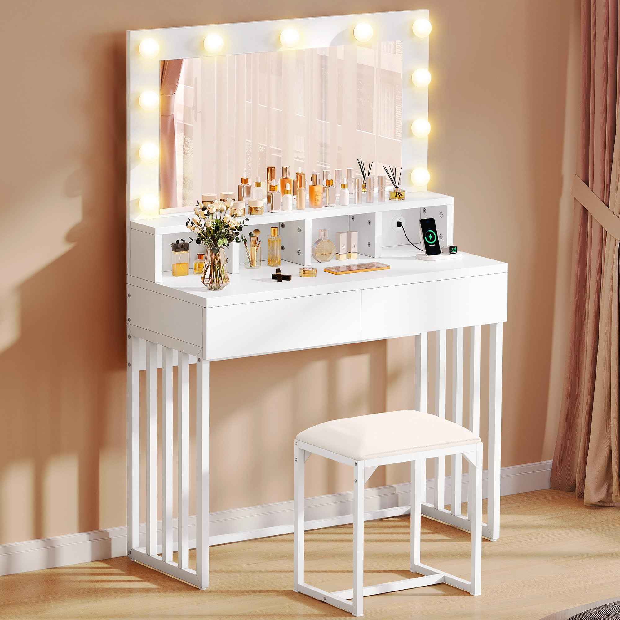 YITAHOME Coiffeuse avec Miroir et Tabouret, avec 2 tiroirs, lumières LED Hollywood, luminosité réglable, Table de Maquillage avec Pieds en métal, pour Chambre à Coucher, Blanc